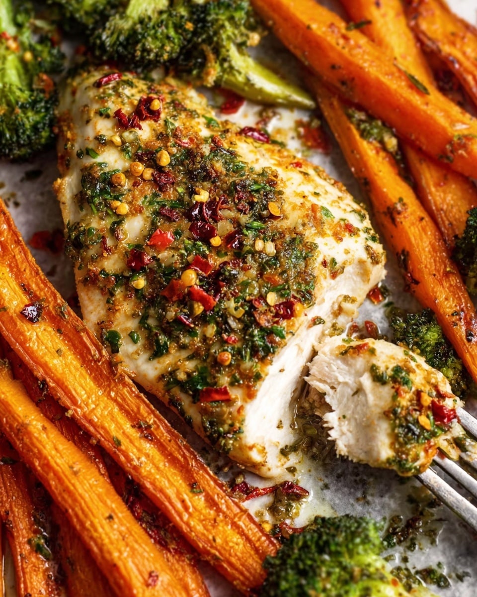 The image shows a baked chicken breast topped with a colorful mix of crushed red pepper flakes and herbs, surrounded by bright orange carrot sticks and vibrant green broccoli florets. The chicken is golden brown with a slightly crispy surface. A fork pierces the chicken on the right side, revealing juicy white meat inside. The vegetables have a roasted look, with some parts slightly browned and textured. Everything sits on a white plate on a white marbled surface, creating a clean and fresh presentation. Photo taken with an iphone --ar 4:5 --v 7