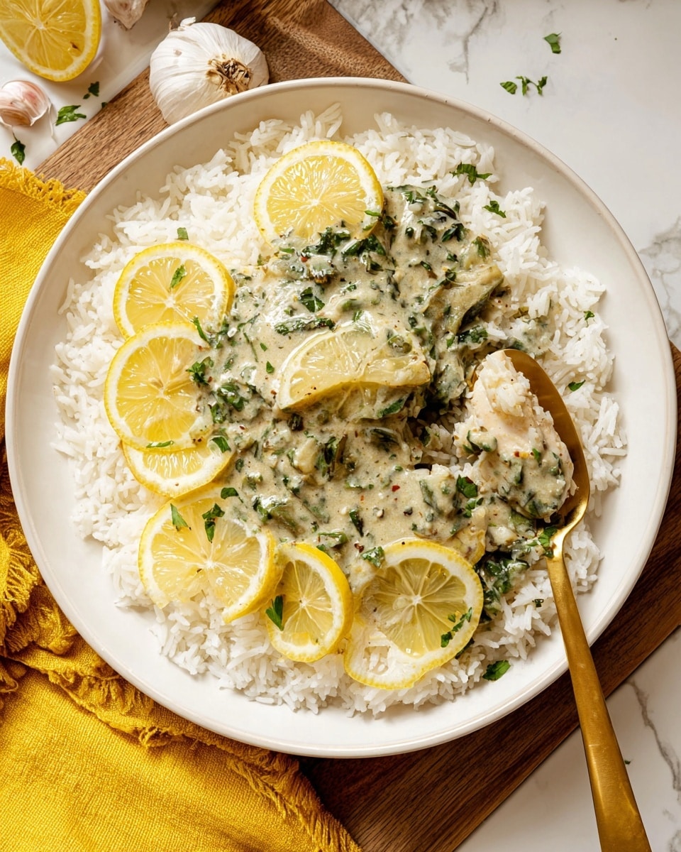 The image shows a white plate filled with fluffy white rice as the base layer, with a creamy greenish-white sauce containing chopped herbs and small vegetables spread on top as the second layer. On this sauce, there are thin, bright yellow slices of lemon arranged in a scattered way. A gold fork and spoon rest on the plate, with the spoon holding a bite of rice and sauce close to it. The plate sits on a wooden surface with some garlic cloves and a bright yellow cloth nearby, but the surface is changed to a white marbled texture. The food looks fresh and creamy with a mix of soft and firm textures. photo taken with an iphone --ar 4:5 --v 7