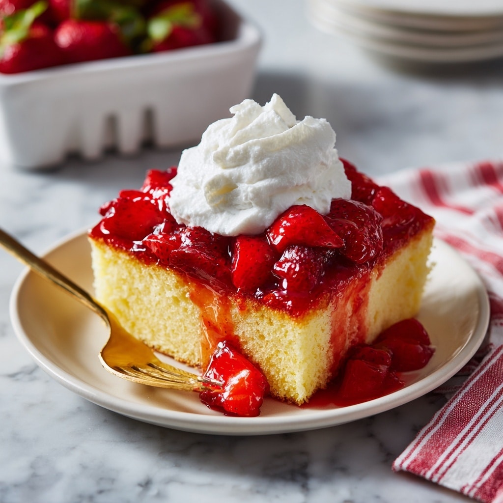A close-up of a white bowl filled with chunky strawberry glaze, showing whole and cut fresh strawberries covered in thick, shiny red jelly with a few bubbles. The bowl sits on a white marbled surface next to a large strawberry and a red and white striped cloth. In the background, a white bowl of whole strawberries and a white plate with two slices of white bread and a biscuit are visible. A spoon with a golden handle is partly dipped into the glaze on the right side. Photo taken with an iphone --ar 4:5 --v 7