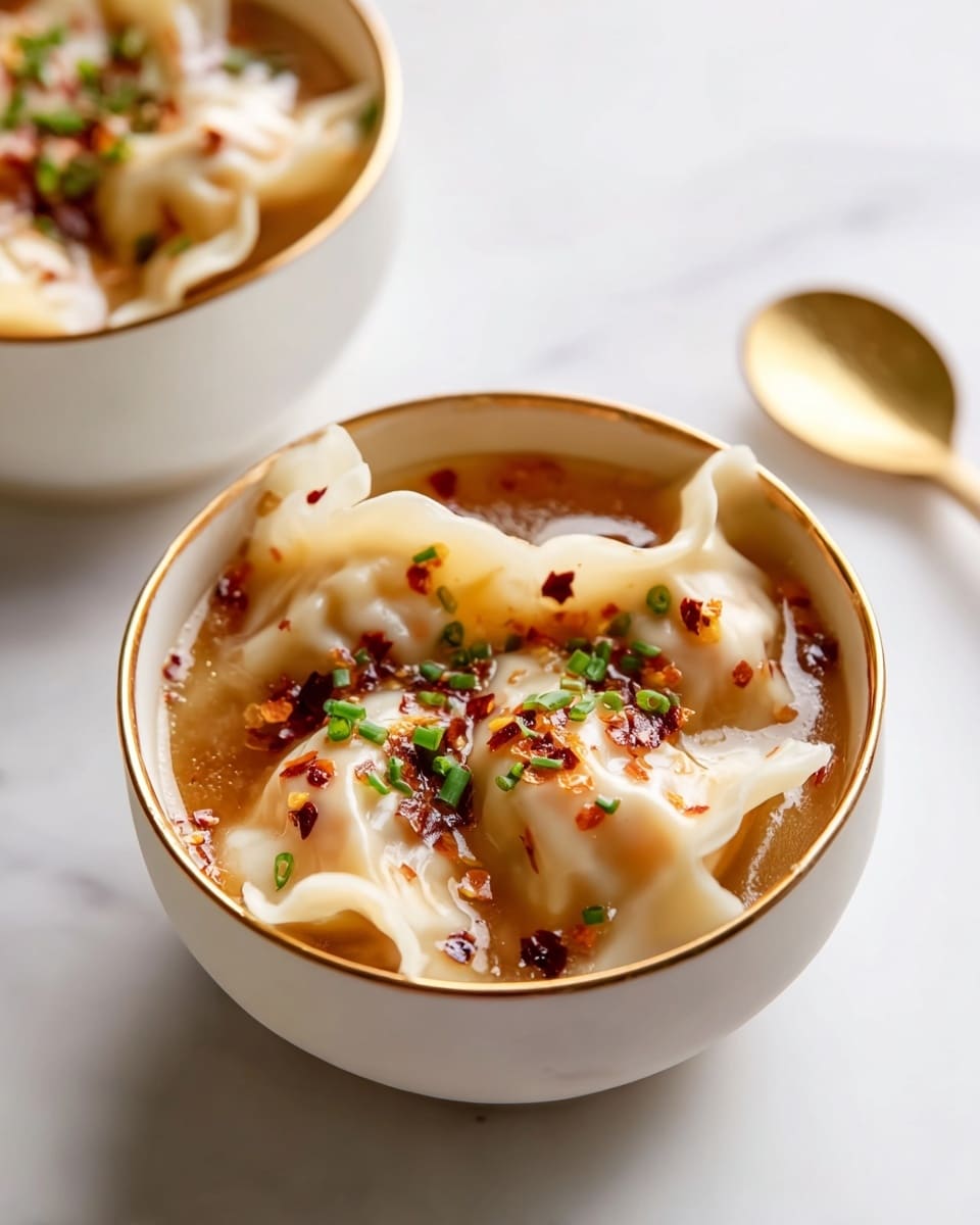 Two small white bowls hold dumplings in a clear broth, each bowl containing about four dumplings covered with smooth, slightly translucent, beige wrappers with edges folded outward. The broth is light brown with a glossy surface, topped with small green chives and red chili flakes for color contrast and texture. The bowls sit on a white marbled surface, with a gold spoon placed nearby, adding a touch of elegance. The focus is on the front bowl, showing the details of the dumplings and seasoning clearly while the second bowl is softly blurred in the background. Photo taken with an iphone --ar 4:5 --v 7