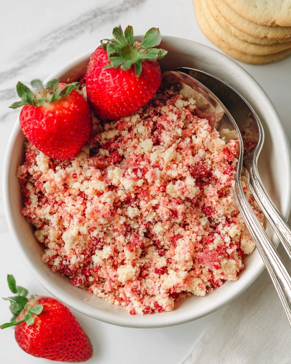 A close-up view of a medium white bowl filled with a crumbly mix of crushed golden sandwich cookies and small bright red strawberry pieces, with two silver spoons resting on top inside the bowl. Above the bowl to the right is a white bowl containing several whole golden sandwich cookies stacked neatly. Above to the left is a small white plate with black dot pattern, holding evenly chopped bright red dried strawberries. At the bottom left corner, part of a white scalloped plate is visible, holding four fresh whole strawberries with green leaves. All dishes are on a white marbled surface. Photo taken with an iphone --ar 4:5 --v 7