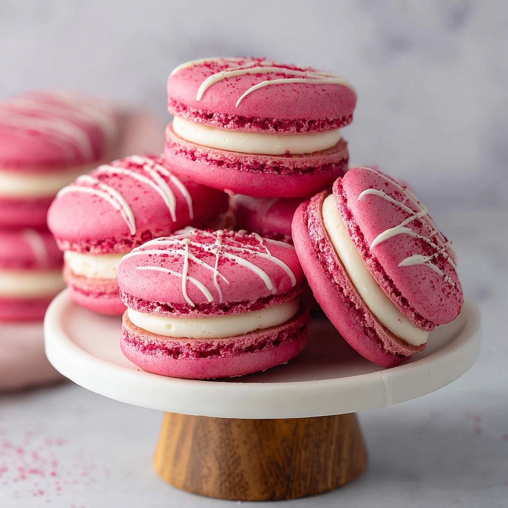 Three pink macarons are stacked on a white marbled texture. Each macaron has two bright pink, smooth, round cookie layers with slightly rough edges, sandwiching a thick middle layer of white creamy filling. The top cookie layer of the macarons is decorated with thin white drizzle lines and a light sprinkle of red powder. In the background, blurred pink macarons and white drizzle can be seen, with some red powder scattered on the surface. photo taken with an iphone --ar 4:5 --v 7