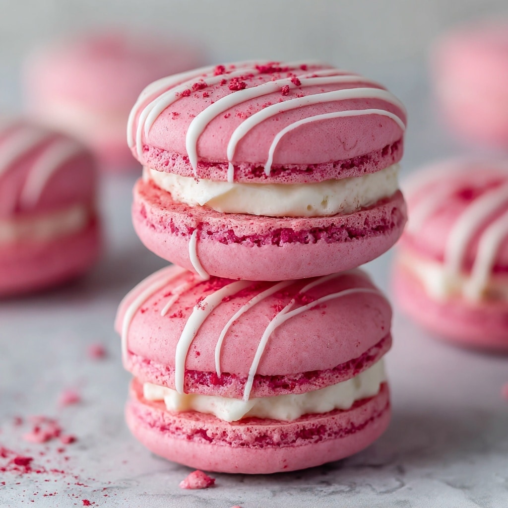 The image shows five bright pink macarons stacked on a small white cake stand with a wooden base. Each macaron has two smooth, round pink shells with a slightly crisp texture, sandwiching a thick, creamy white filling. The tops of the macarons are decorated with thin, white drizzle lines and lightly dusted with red powder, adding texture and color contrast. The background features a white marbled texture, enhancing the vivid color of the macarons. Photo taken with an iphone --ar 4:5 --v 7