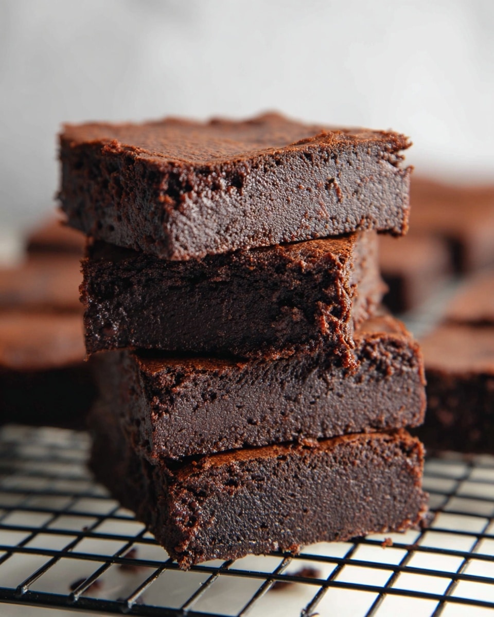 A stack of three thick, rich chocolate brownies sits on top of a larger, uncut brownie slab. Each brownie layer is dense and moist, with a smooth, slightly shiny top and a textured, fudgy interior that shows fine air bubbles. The color is a deep, dark brown, almost black. The background is a white marbled texture, enhancing the contrast of the dark chocolate layers. Photo taken with an iphone --ar 4:5 --v 7