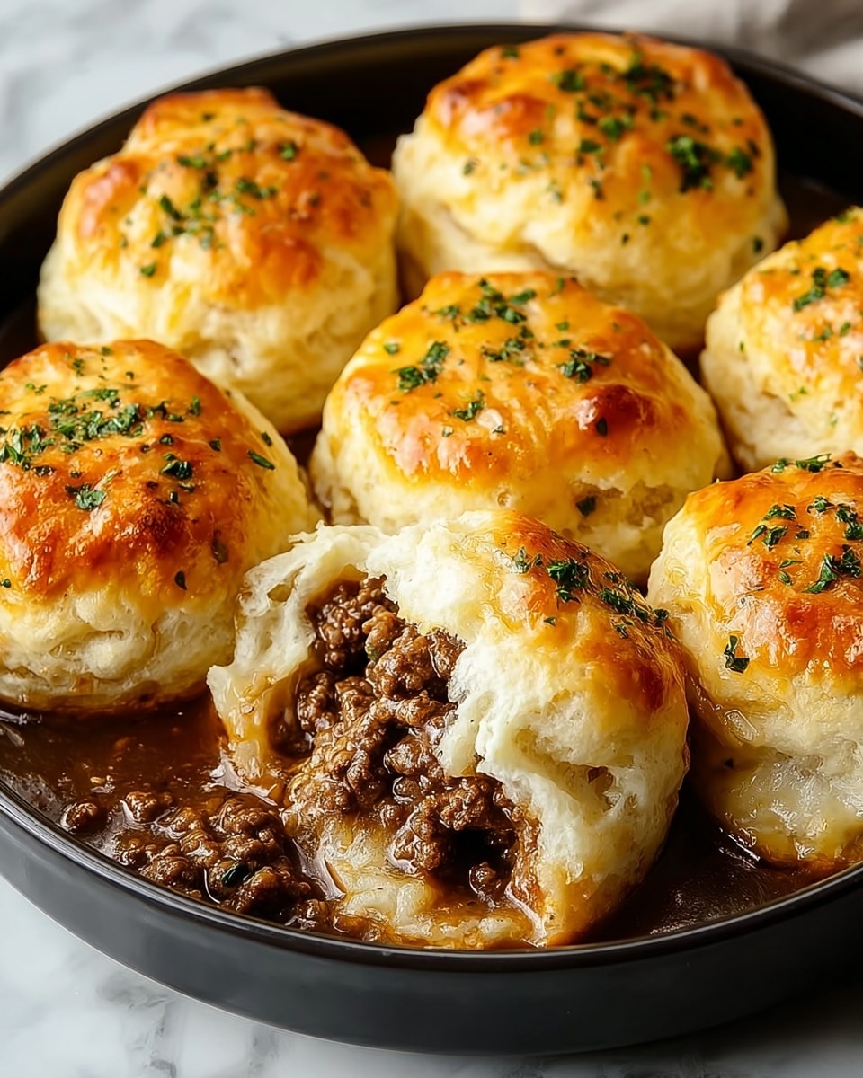 The image shows a round white plate filled with golden brown biscuits arranged in a circle, each topped with small bits of green herbs. The biscuits have a shiny, slightly crispy surface with a soft, fluffy interior visible where one biscuit is broken open to reveal a thick layer of cooked, crumbly brown ground meat inside. The meat appears juicy and rich, sitting in a dark brown sauce that pools beneath the biscuits. The white marbled background adds a clean and bright contrast, highlighting the warm colors and textures of the dish. photo taken with an iphone --ar 4:5 --v 7
