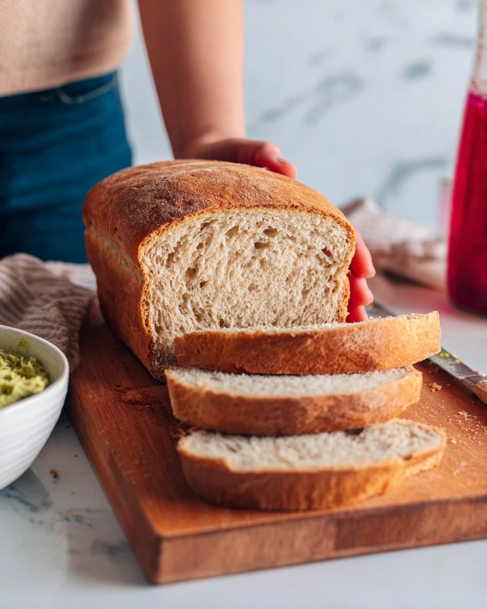A loaf of bread with a golden brown, slightly rough crust is placed on a wooden cutting board. Three thick slices reveal a soft, light beige inside with a slightly dense texture. A woman's hand gently holds the loaf from the back. In the foreground, there is a white bowl containing a green spread, and on the right side, a glass bottle with a red liquid is slightly visible. The background is a white marbled texture. photo taken with an iphone --ar 4:5 --v 7