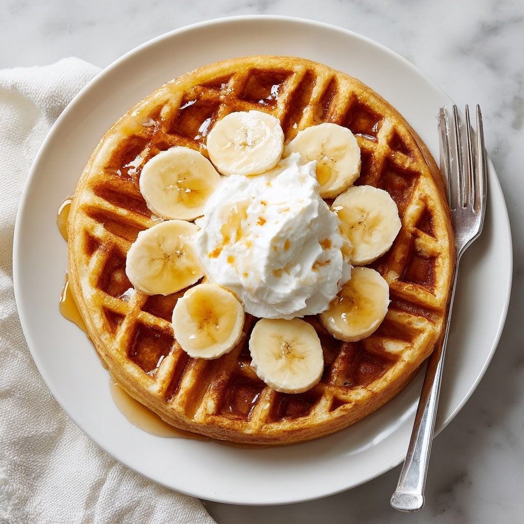 A close-up image showing a fork holding a bite of a golden-brown waffle with a soft, fluffy inside and crispy textured edges. On top of the waffle bite, there is a round slice of pale yellow banana. In the background, more banana slices rest on top of a stack of waffles on a white plate, all set against a white marbled texture surface. A woman's hand holds the fork from the right side of the image. photo taken with an iphone --ar 4:5 --v 7