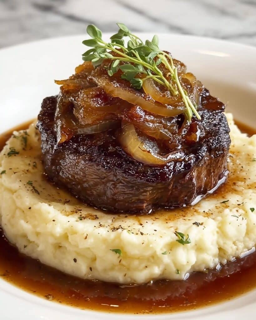 Filet Steak with Caramelized Onions and Garlic Mashed Potatoes Recipe