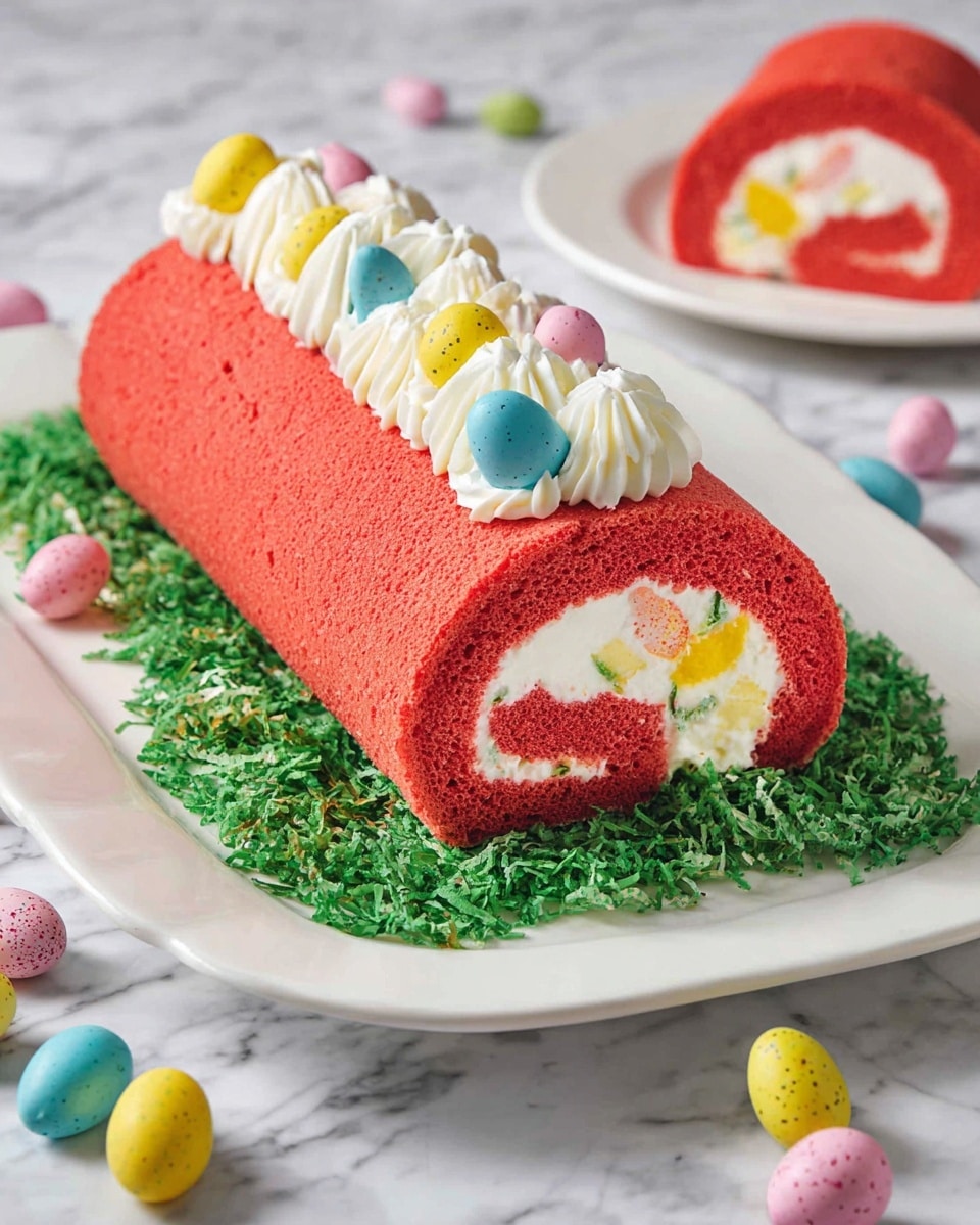 Easter Strawberry Cake Roll with Cream Filling and Green Coconut Decoration Recipe