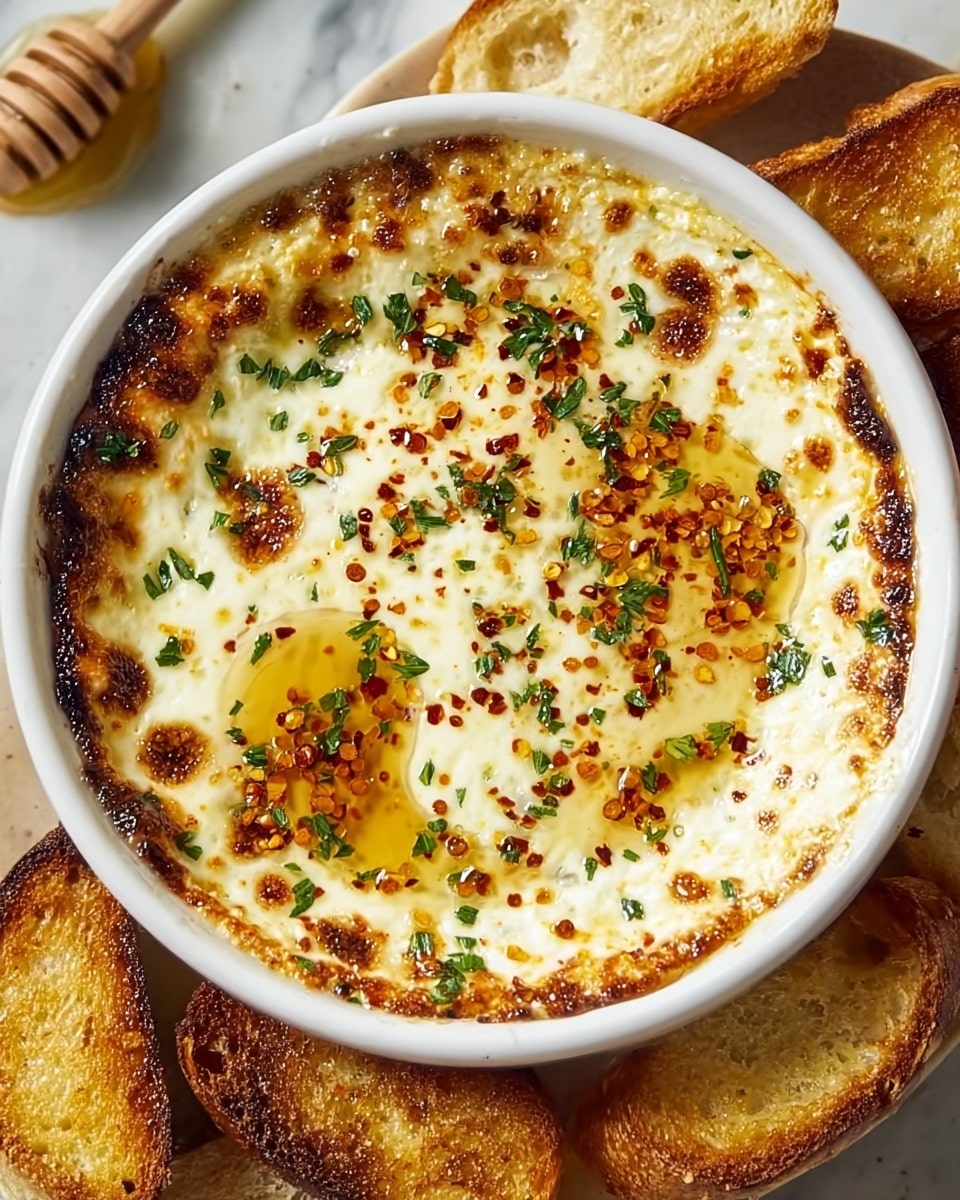A close-up view of a creamy white dip in a black cast iron skillet, with a thick layer of smooth, slightly whipped texture spread evenly to the edges. The surface of the dip shows browned, toasted spots and is sprinkled with green herb leaves and a light dusting of red spice. Golden honey is drizzled over the top, pooling slightly in the middle, with a honey dipper resting on the side, coated in honey. In the blurred background, there are pieces of pita bread. The whole scene is set on a white marbled surface. Photo taken with an iphone --ar 4:5 --v 7