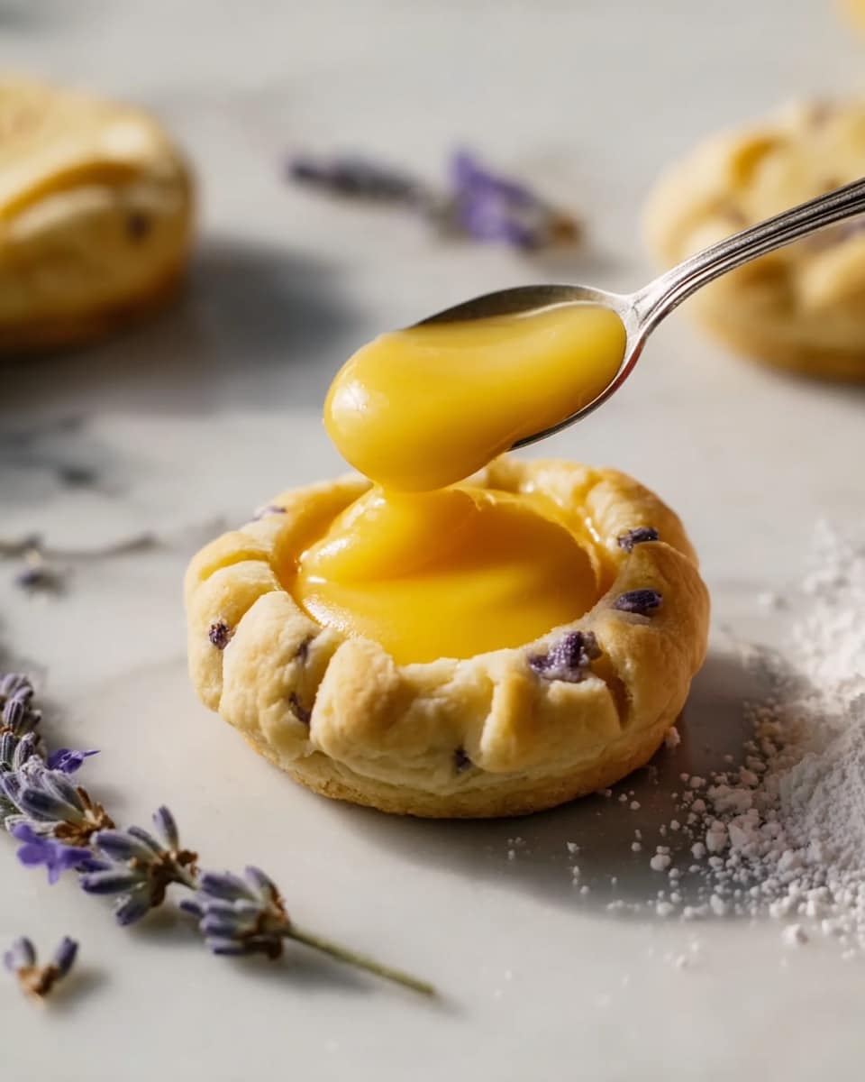 A small, round pastry with a light yellow, crumbly dough mixed with small purple lavender buds sits on a white marbled surface. The pastry has a slightly folded and wrinkled edge forming a shallow cup, which holds a smooth, glossy bright yellow lemon curd filling in the center. A silver spoon is gently placing more lemon curd into the pastry, with a creamy dollop of curd on the spoon. Around the pastry, a few loose lavender sprigs and a small mound of white powdered sugar are scattered on the marbled surface. photo taken with an iphone --ar 4:5 --v 7