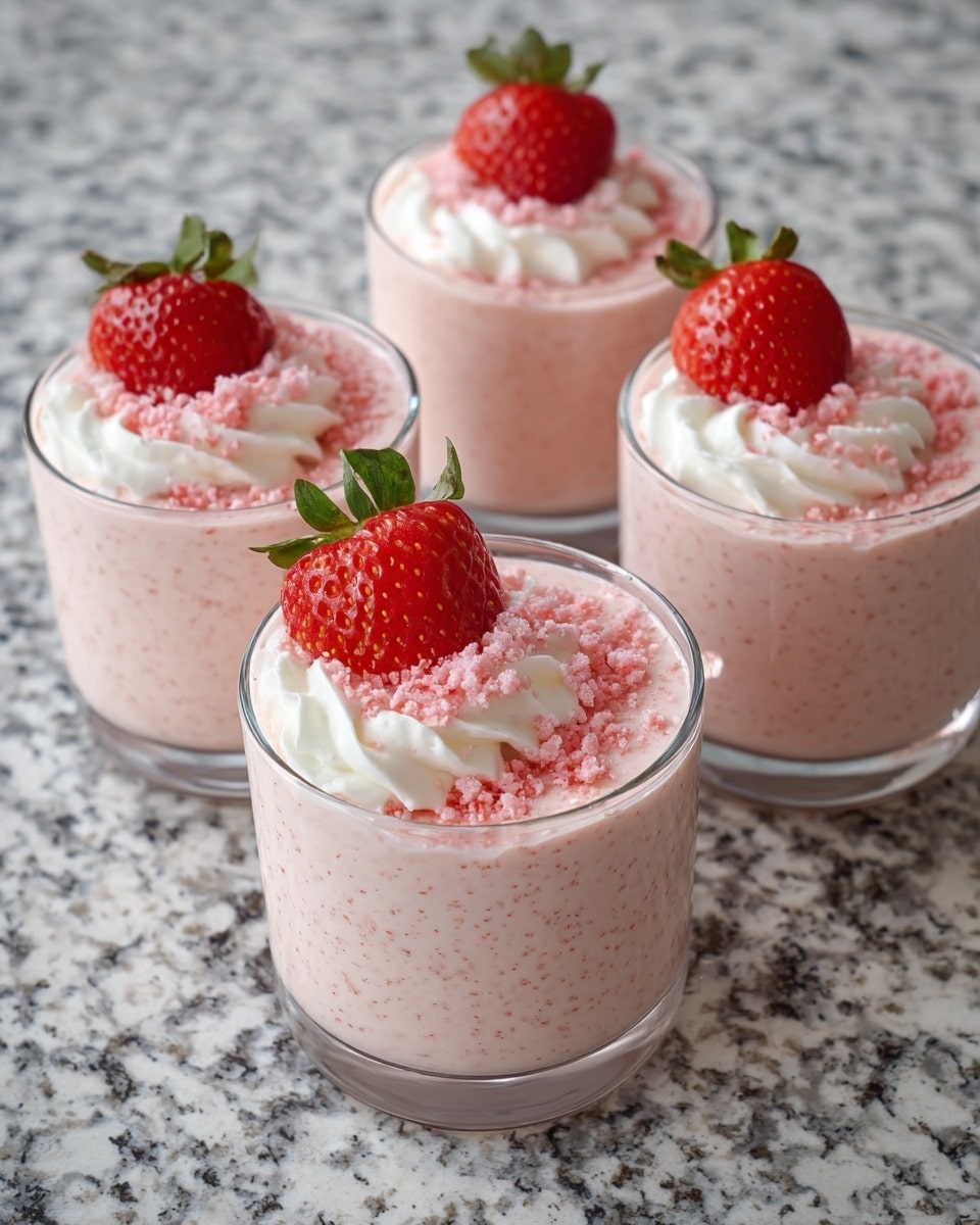 Four clear glass dessert cups each hold a creamy, light pink mousse filling most of the cup. On top of each mousse is a small pile of pink crumbles, a small dollop of white whipped cream, and a fresh strawberry half with green leaves facing upward. The cups have short stems and rounded bodies, and they sit on a white marbled surface. photo taken with an iphone --ar 4:5 --v 7