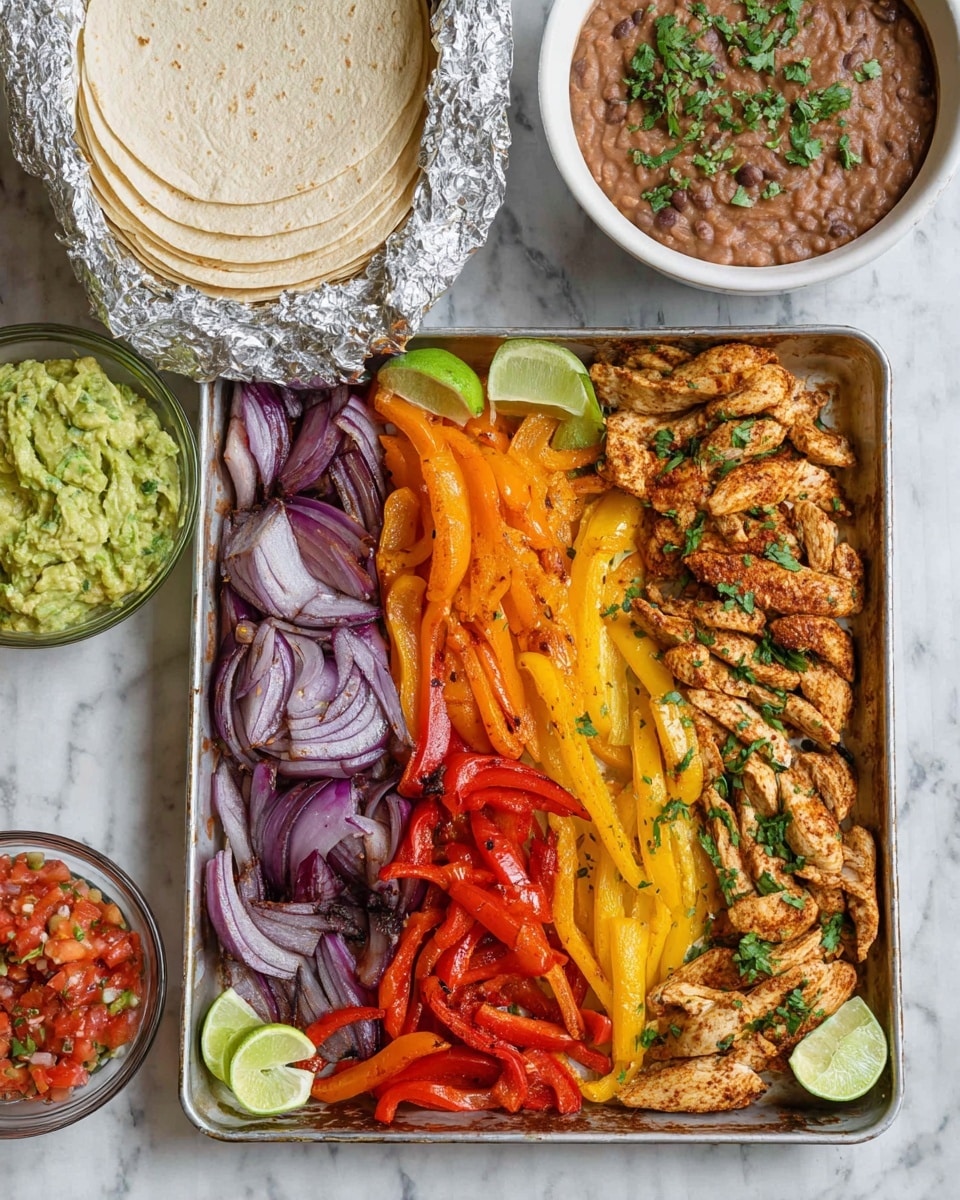 The image shows a white tray filled with five main layers arranged side by side: on the left, there are cooked orange bell pepper strips, followed by sautéed purple onions sprinkled with green herbs, then bright yellow bell pepper strips, next red bell pepper strips, and finally cooked and seasoned chicken strips topped with green herbs and lime wedges scattered throughout. Above the tray, there's a white bowl full of mashed beans with some green herb garnish. To the left, a white bowl holds chunky green guacamole topped with small herb pieces, and beside it is a smaller clear bowl with finely chopped red, yellow, and white vegetables. A stack of round tortillas wrapped in foil sits on the tray towards the top left, and a white plate with sliced avocado pieces is visible in the background. Everything is set on a white marbled surface. Photo taken with an iphone --ar 4:5 --v 7