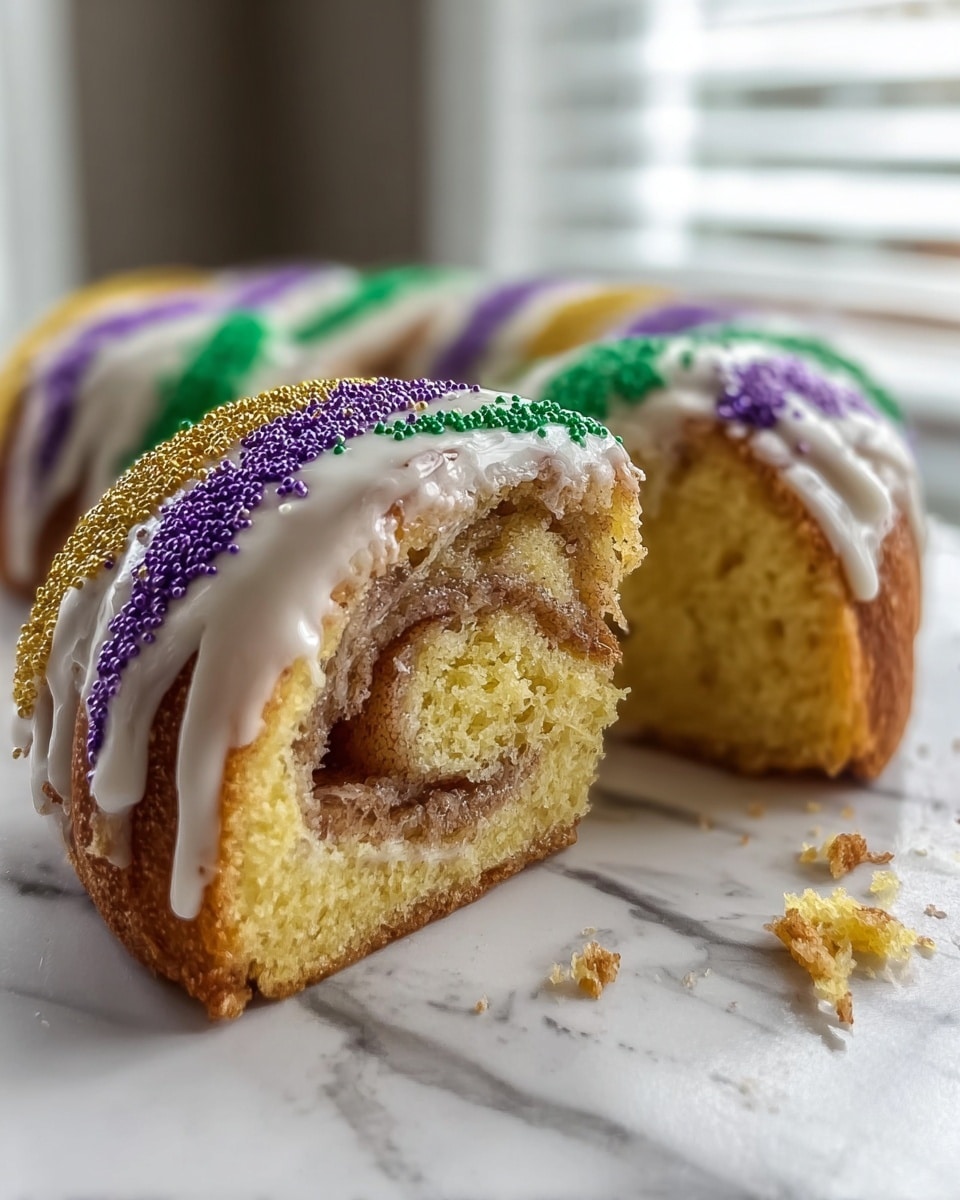 A close-up view of a sliced sweet bread loaf with a golden brown crust. The bread shows a swirl pattern inside with a light brown cinnamon filling layered evenly in thick spiral rows throughout the soft, yellowish dough. The top of the loaf is covered with white icing drizzled in thick lines along its length. Over the icing, there are thin stripes of colored sugar in purple, yellow, green, and white, adding a festive look. The bread is placed on a white marbled surface with soft natural light coming from the background window. photo taken with an iphone --ar 4:5 --v 7
