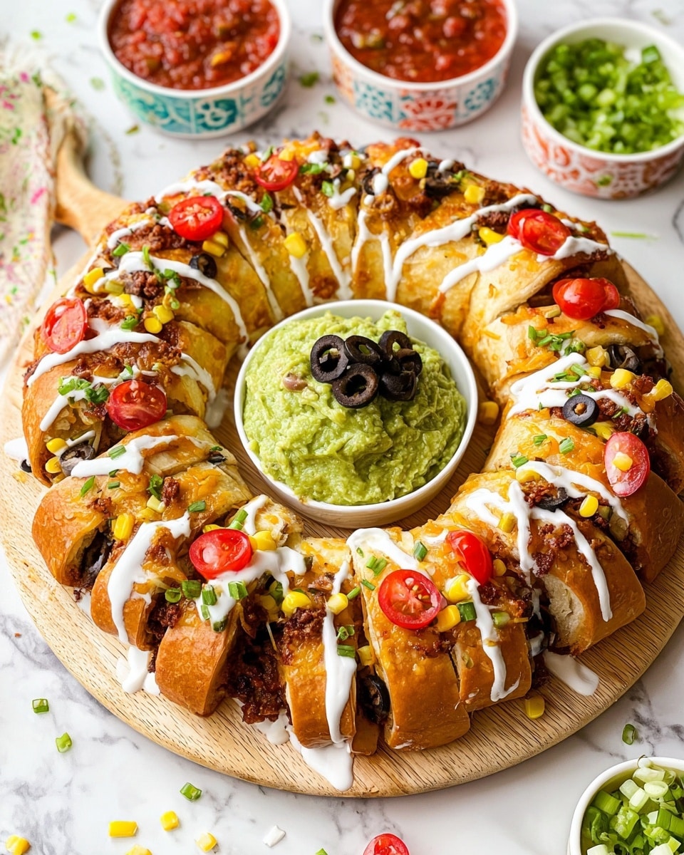 A round golden baked ring made of folded dough filled with a dark brown meat mixture, topped with white creamy sauce drizzled unevenly, halved red cherry tomatoes, black olive slices, yellow corn kernels, and chopped green onions scattered over the top and surface. In the center, a white bowl holds a thick, bright green guacamole topped with black olives and green onion pieces. The dish is set on a light wooden board, with small bowls of red salsa and chopped green onions visible in the background, all placed on a white marbled surface. Photo taken with an iphone --ar 4:5 --v 7