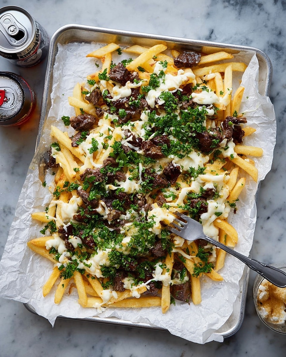 A rectangular tray lined with parchment paper holds a single layer of thin, golden-yellow fries as the base. On top of the fries, evenly scattered small chunks of dark brown grilled meat create texture and contrast. Melted white cheese is generously spread over the meat and fries, blending into the edges of the fries and meat pieces. Fresh green chopped herbs are sprinkled thickly over the cheese, adding a bright, vibrant look. A silver fork rests on the right side of the tray, with a few fries speared on it. The tray sits on a white marbled surface next to a silver can and a glass filled with amber liquid. photo taken with an iphone --ar 4:5 --v 7