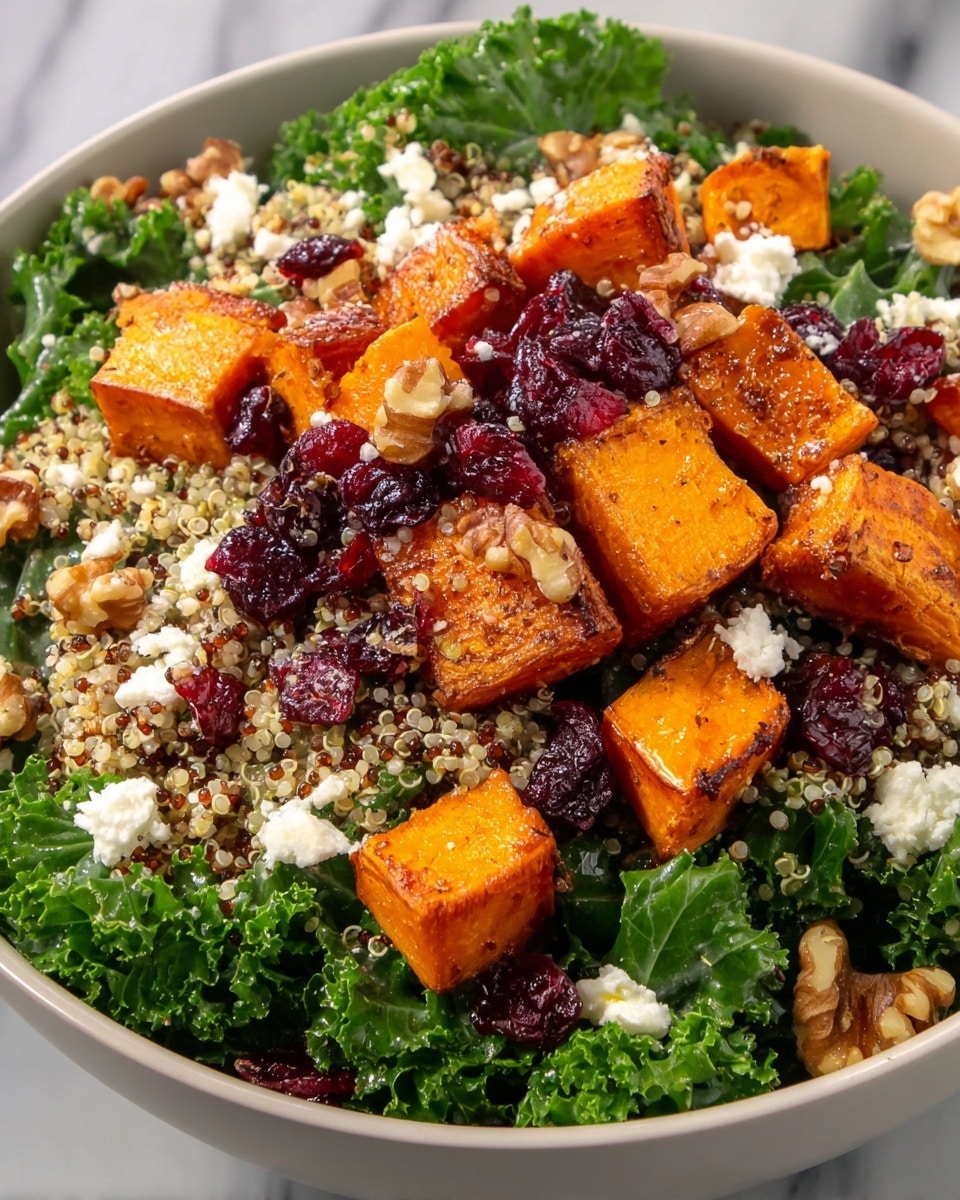 This image shows a bowl filled with a fresh, colorful salad. The base layer is bright green kale leaves covered with small, round, beige quinoa grains scattered throughout. On top of the kale and quinoa are medium-sized, orange roasted cubes of sweet potato with a slightly charred outer texture. Dark red dried cranberries are spread evenly in the salad, adding pops of color. Small white crumbles of soft cheese dot the layers, and whole walnut halves are scattered for added texture. The bowl is white and placed on a white marbled surface, highlighting the vibrant colors of the salad photo taken with an iphone --ar 4:5 --v 7
