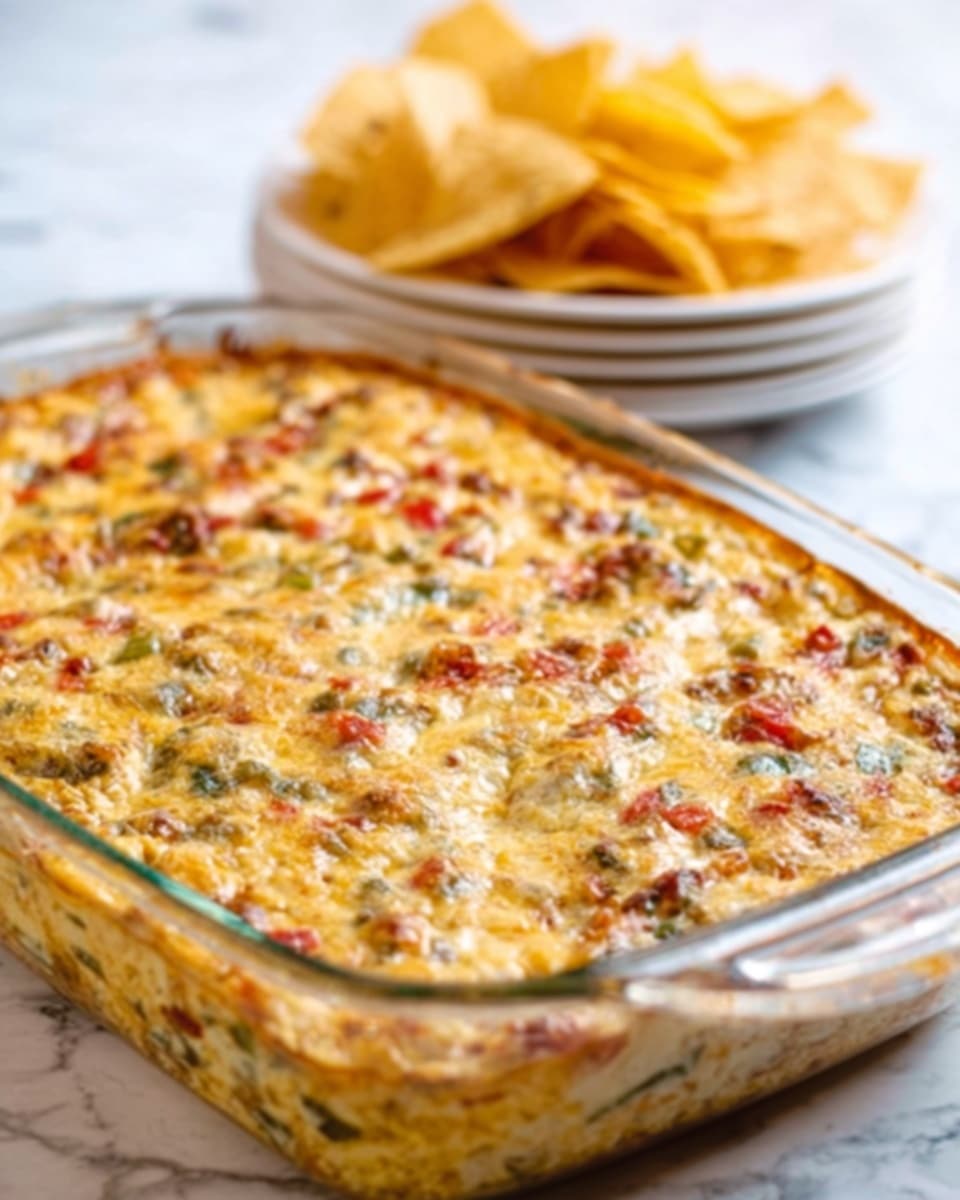 The image shows a close-up of a clear glass bowl filled with a cheesy Mexican spinach dip. The dip has a golden-brown melted cheese layer on top with some green spinach and red bits from diced peppers visible under the cheese. There is a white tortilla chip dipped into the bowl, covered in the creamy dip with melted cheese stretching from the bowl to the chip. A woman's hand holds the chip above the bowl. The bowl sits on a white marbled surface. Photo taken with an iphone --ar 4:5 --v 7