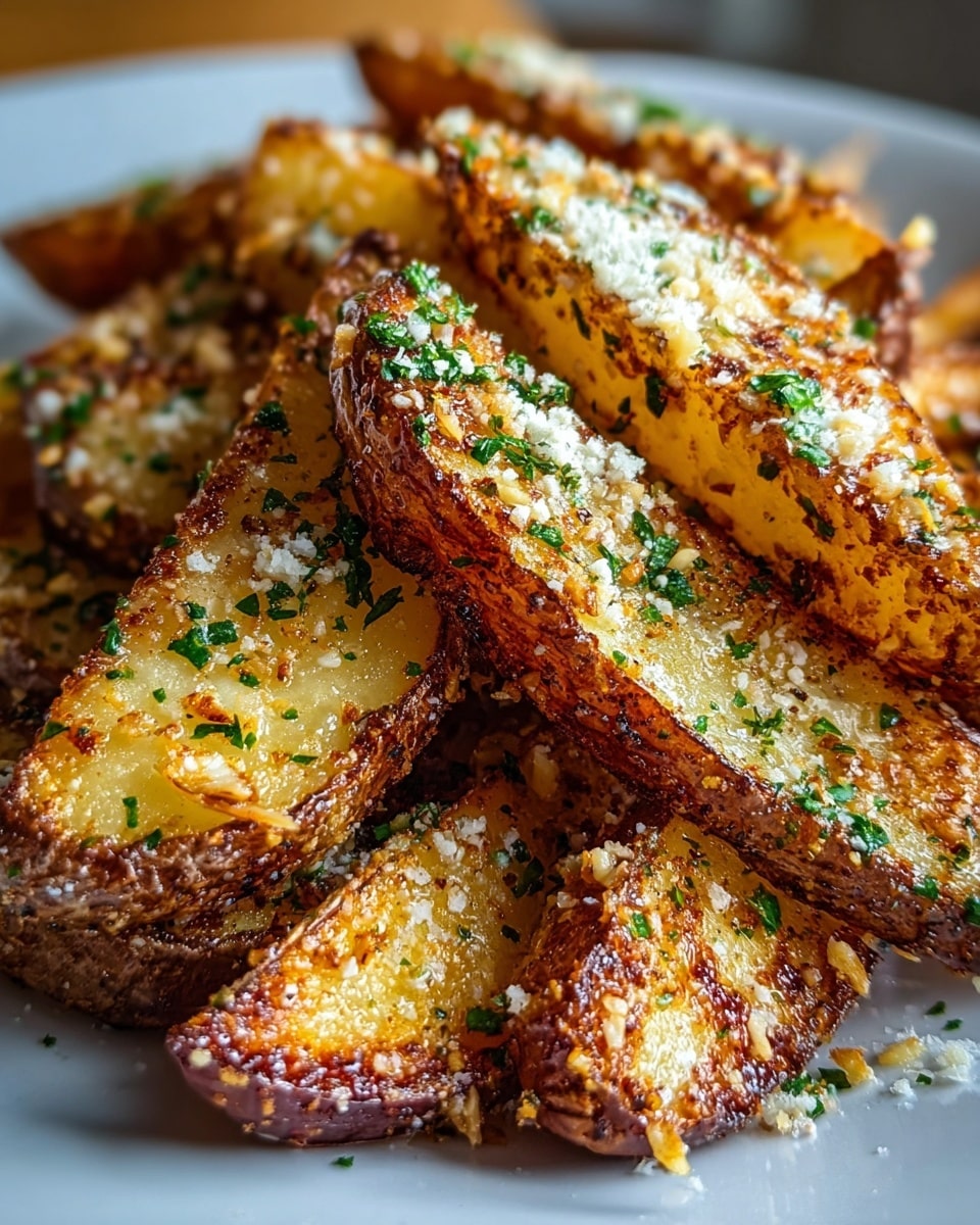 The image shows thick, golden-brown potato wedges with a crispy texture on the outside and soft inside. Each wedge has a rough, dark brown skin on one side and a bright yellow interior on the other. The wedges are coated with small white seasoning flakes and sprinkled evenly with fresh green herbs. They are piled closely together in a white bowl with a slightly scalloped edge, resting on a white marbled surface. photo taken with an iphone --ar 4:5 --v 7