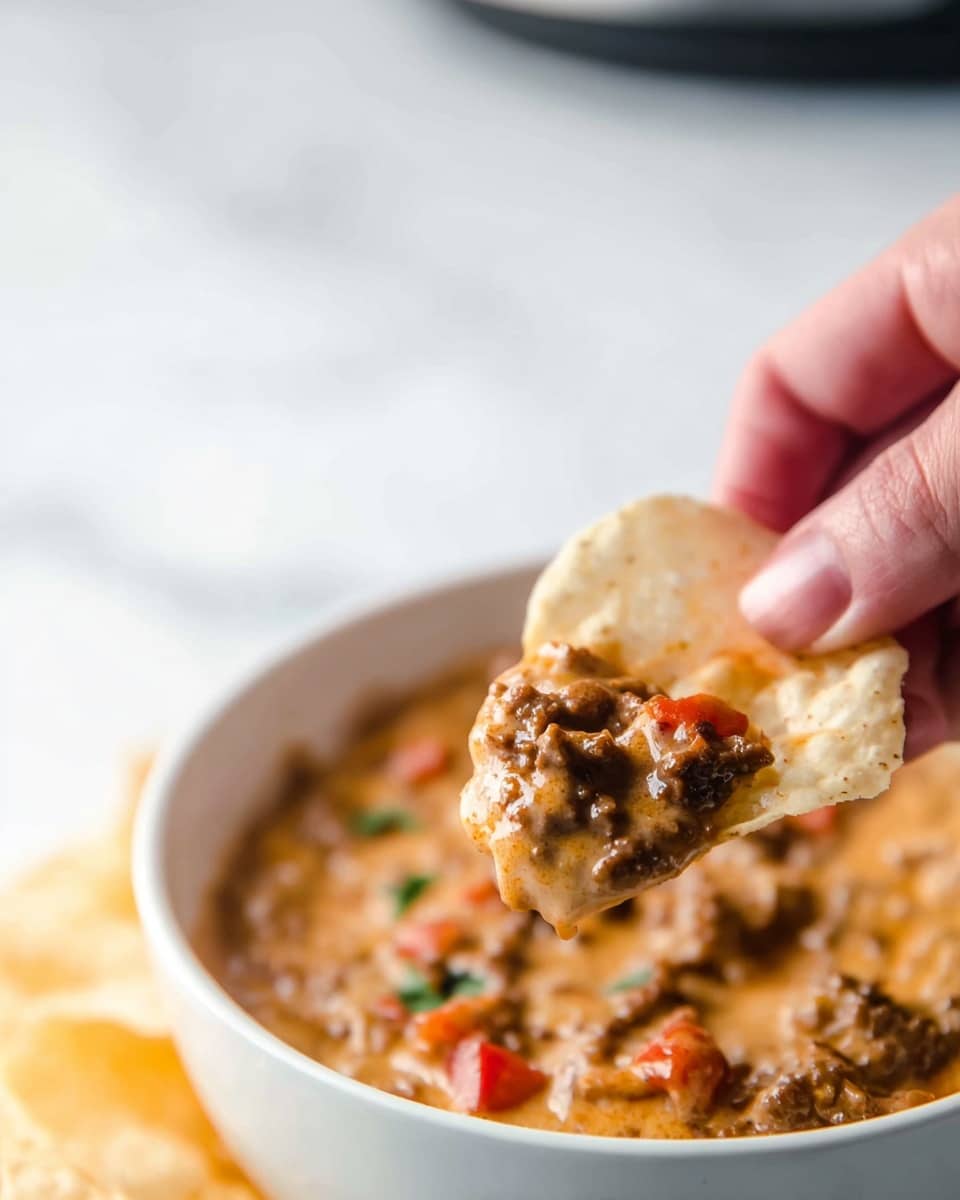 A close-up view of a white bowl filled with a creamy, thick dip that has a light brown color with visible chunks of browned ground meat and small pieces of red tomatoes mixed in. The dip fills the bowl to the top and a single light yellow tortilla chip is dipped into the mix on the left side. In the background, there is a blurred slow cooker with a black knob, all set on a white marbled surface photo taken with an iphone --ar 4:5 --v 7