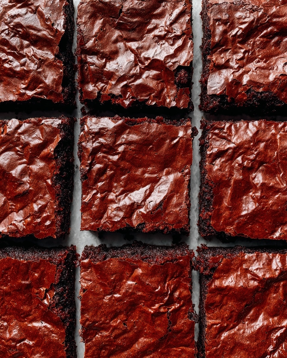 A close-up image of a batch of nine square chocolate brownies, each separated by clear cuts. The surface of the brownies has a wrinkled, glossy dark brown chocolate crust that reflects light. The edges of each piece show a slightly darker, richer color, giving a crispy look contrasting with the moist center. The texture is uneven and crinkly, with small cracks and holes scattered across the top. The brownies cover the whole frame against a white marbled texture. photo taken with an iphone --ar 4:5 --v 7
