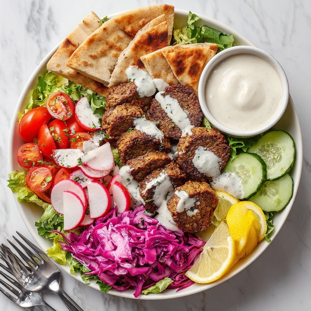 A white bowl filled with a colorful salad is shown on a white marbled surface. Inside the bowl, the first layer is a bed of leafy green lettuce, topped with sliced cucumbers, halved cherry tomatoes, and radish slices. To one side, there is shredded purple cabbage adding a bright contrast. In the middle front, slices of brown falafel or gyro meat are arranged, drizzled with creamy white sauce. Two lemon wedges sit near the meat, adding a pop of yellow color. On top, there are two triangular pieces of toasted pita bread, slightly browned with grill marks. A white cup of creamy sauce and a pair of forks are placed beside the bowl along with extra pita wedges. photo taken with an iphone --ar 4:5 --v 7