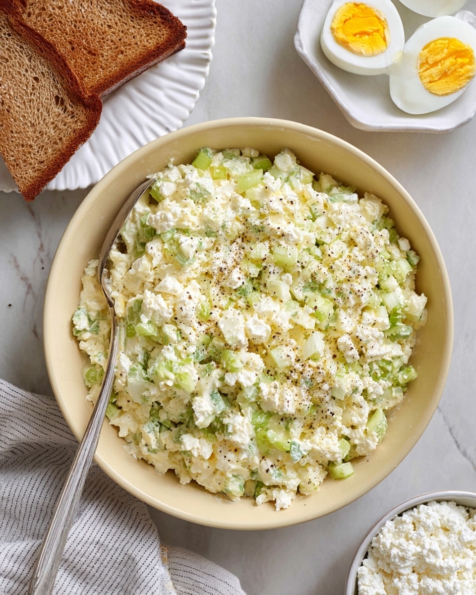 A close-up view of a creamy egg salad served in a large white bowl, showing a mix of finely chopped light yellow egg whites and yolks combined with small pieces of bright green celery, all coated in a smooth, pale dressing. The salad has visible specks of black pepper scattered on top. A silver spoon rests on the left side inside the bowl. The background features a white marbled surface, with a slice of toasted bread in the top left corner and a white bowl of cottage cheese partially visible on the right side. Photo taken with an iphone --ar 4:5 --v 7
