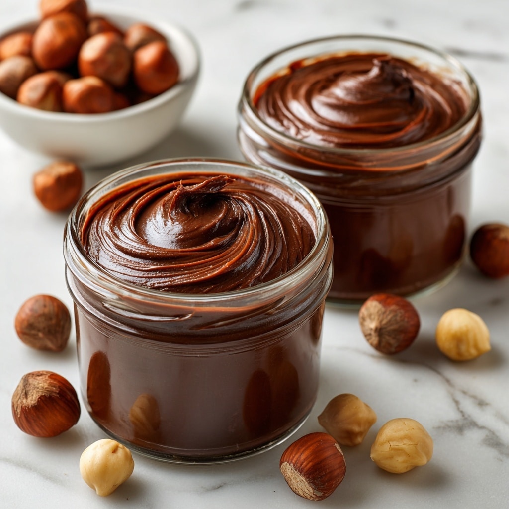 Two clear glass jars filled with smooth, rich, chocolate hazelnut spread are placed on a white marbled surface. The jar in front is open, showing the creamy texture with gentle swirls on top, while the jar behind it is closed with a smooth surface of the spread visible inside. Near the base of the jars are a few whole hazelnuts, some golden and some brown. In the background, there is a white plate holding two toasted bread slices and three red strawberries. To the right, there is a small clear glass bowl with more whole hazelnuts inside. Photo taken with an iphone --ar 4:5 --v 7