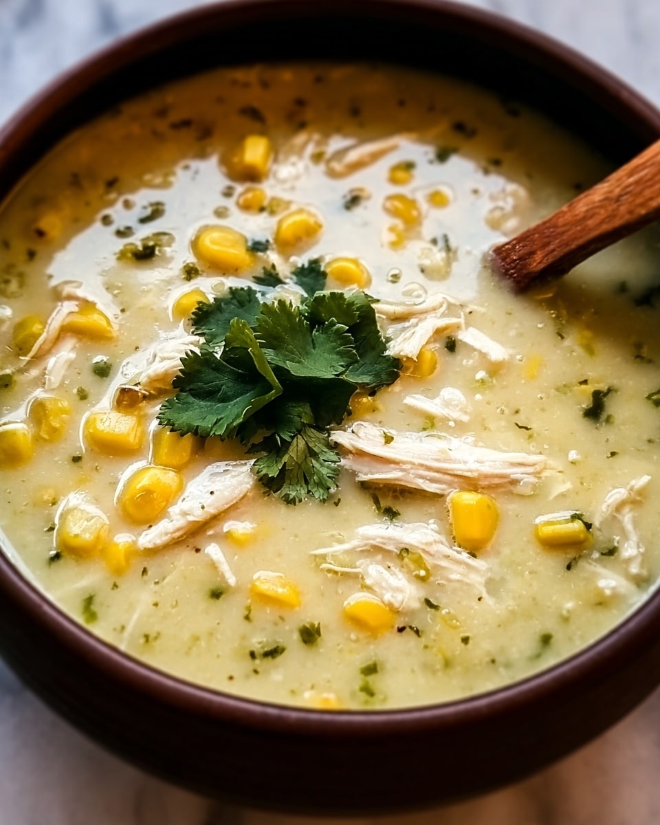 A close-up view of a creamy chicken and corn soup in a dark brown bowl, with visible shredded white chicken pieces and bright yellow corn kernels floating in a thick, pale yellow broth speckled with green herbs. In the center, there is a small cluster of fresh green cilantro leaves resting on top. A wooden spoon is partially submerged into the soup on the right side. The bowl is set on a white marbled surface. photo taken with an iphone --ar 4:5 --v 7