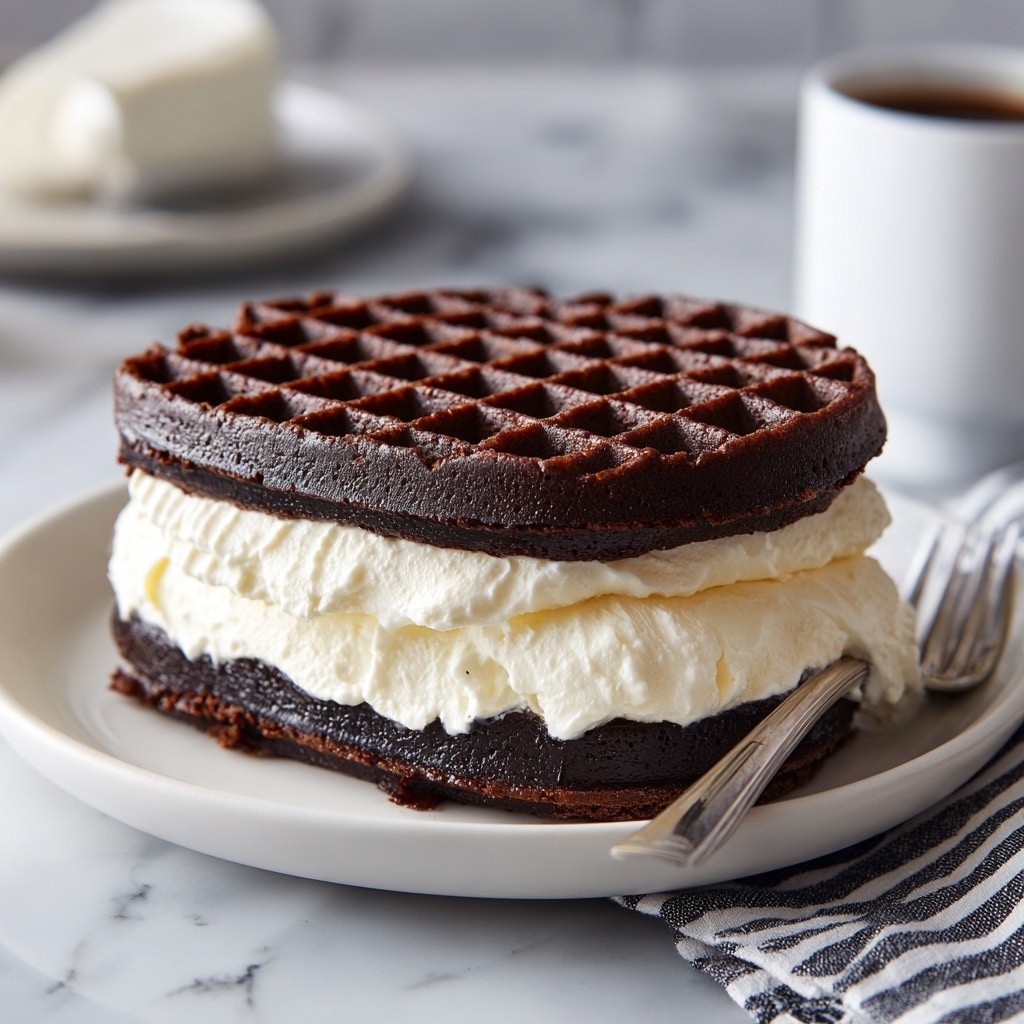 A close-up of a sandwich-style dessert with two thick, dark black waffle layers on the top and bottom, each showing a grid pattern and a slightly rough texture. Between these layers is a thick, fluffy, and creamy white filling that looks soft and smooth, slightly spilling out from the edges. The sandwich rests on a simple white round plate placed on a white marbled surface. In the background, a white cup and a striped black and white cloth are softly blurred. Photo taken with an iphone --ar 4:5 --v 7
