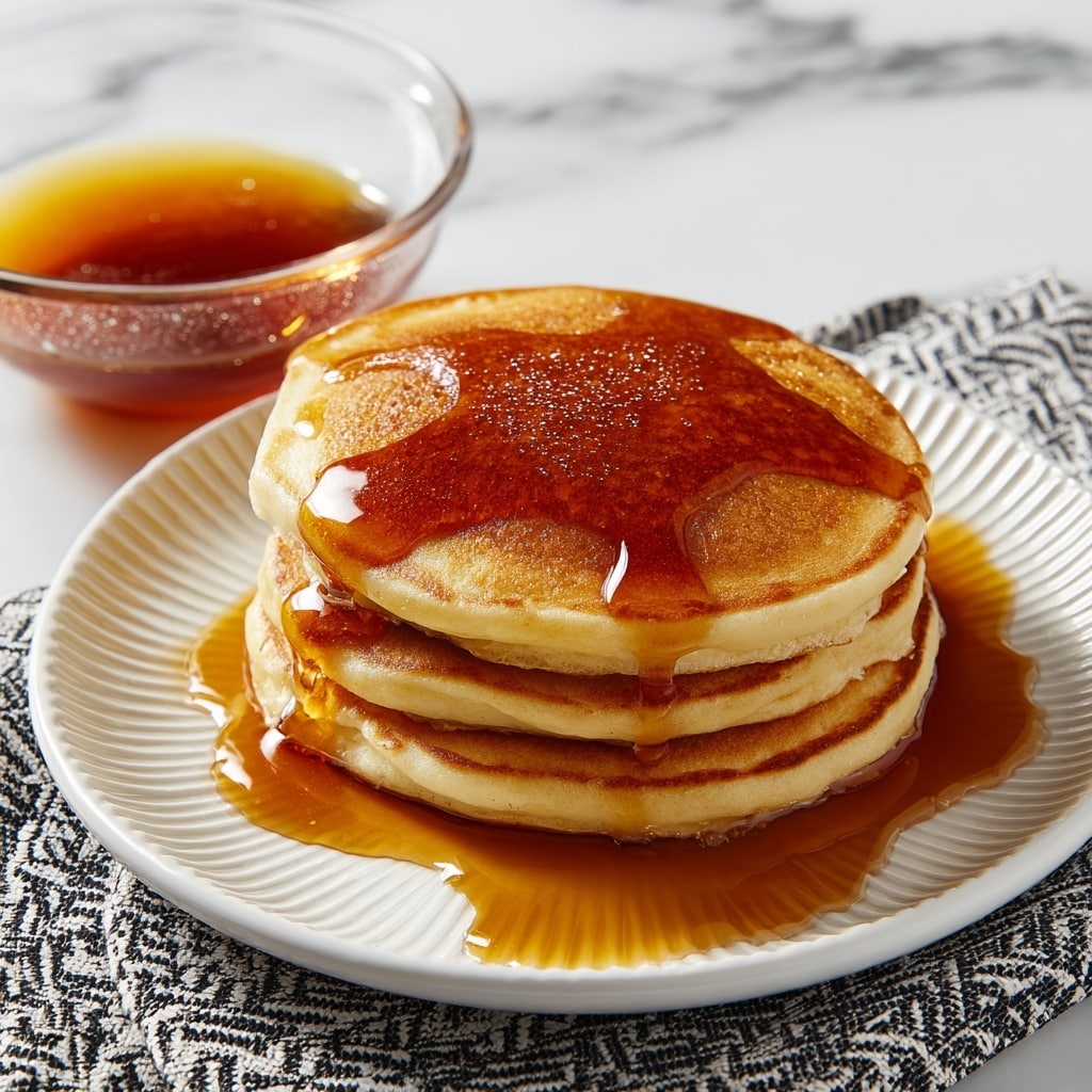 A stack of three thick, light golden-brown pancakes is centered on a white ridged plate, generously covered with glossy, amber-colored syrup that drips over the sides and pools on the plate around them. To the upper left of the plate, a clear glass bowl filled with the same syrup shows a smooth, shiny surface with tiny bubbles. The plate and bowl rest on a white marbled surface with a black and white geometric patterned cloth partially visible beneath the bowl. The overall look is warm, inviting, and simple. photo taken with an iphone --ar 4:5 --v 7
