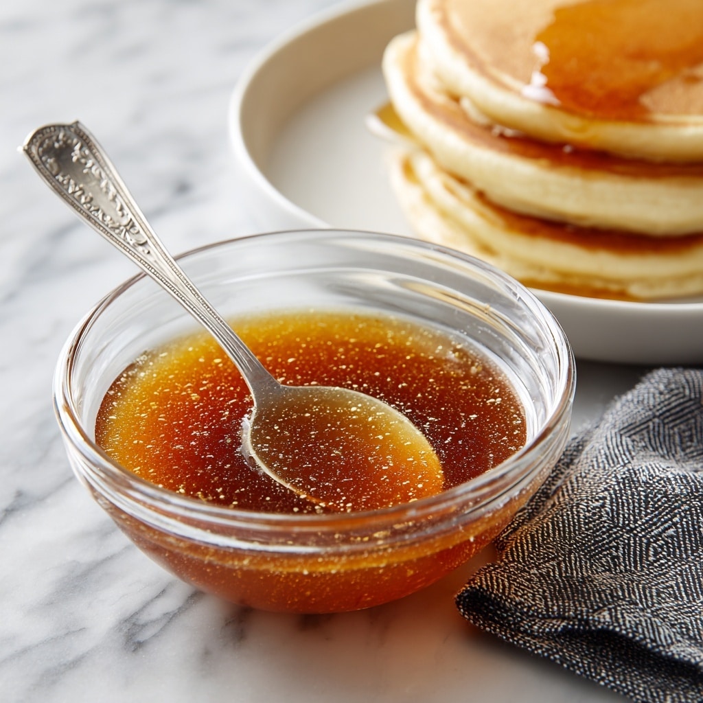 A clear glass bowl filled with a smooth, amber-brown syrup that has a slightly glossy surface, with small bubbles and tiny particles giving it texture; inside the bowl, a silver spoon with delicate engraved patterns rests, partially submerged in the syrup. Behind the bowl, a white plate holds two pale golden pancakes stacked neatly, showing soft, fluffy texture and light browning spots. Both items sit on a white marbled surface with a folded gray cloth napkin with a geometric black pattern placed nearby. Photo taken with an iphone --ar 4:5 --v 7