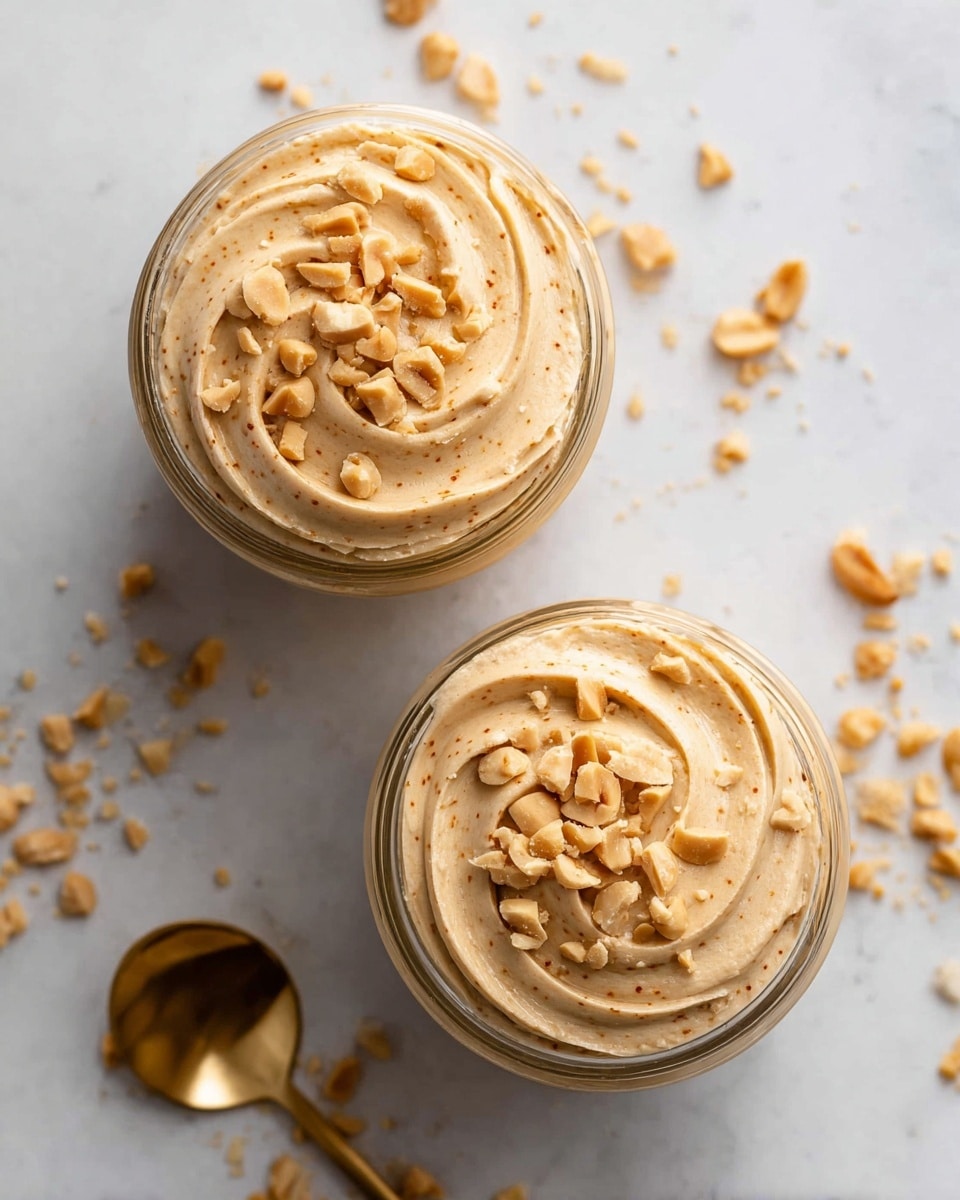 Two clear glass jars are filled with a smooth, creamy peanut butter-like spread, swirled in a rosette pattern on top. Each jar has a topping of roughly chopped peanuts, scattered unevenly over one side of the swirl. The spread is light tan with tiny darker specks, giving it a natural, nutty look. The jars rest on a white marbled surface, with small pieces of chopped peanuts sprinkled around them. A shiny golden spoon is visible near the bottom left corner of the image. The photo taken with an iphone --ar 4:5 --v 7
