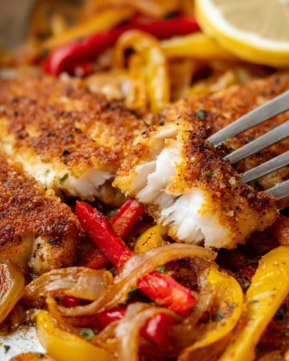 The image shows close-up pieces of golden brown, crispy fish with a seasoned, slightly rough crust, with white flaky flesh visible inside one piece. Beneath the fish are sautéed strips of red and yellow peppers with a soft, glossy texture, mixed with caramelized onions that add a light brown color. The dish is garnished with a lemon wedge in the background, adding a hint of yellow. A fork is pressing into the center piece of fish, showing the flaky texture clearly. The surface beneath the dish is a white marbled texture. Photo taken with an iphone --ar 4:5 --v 7