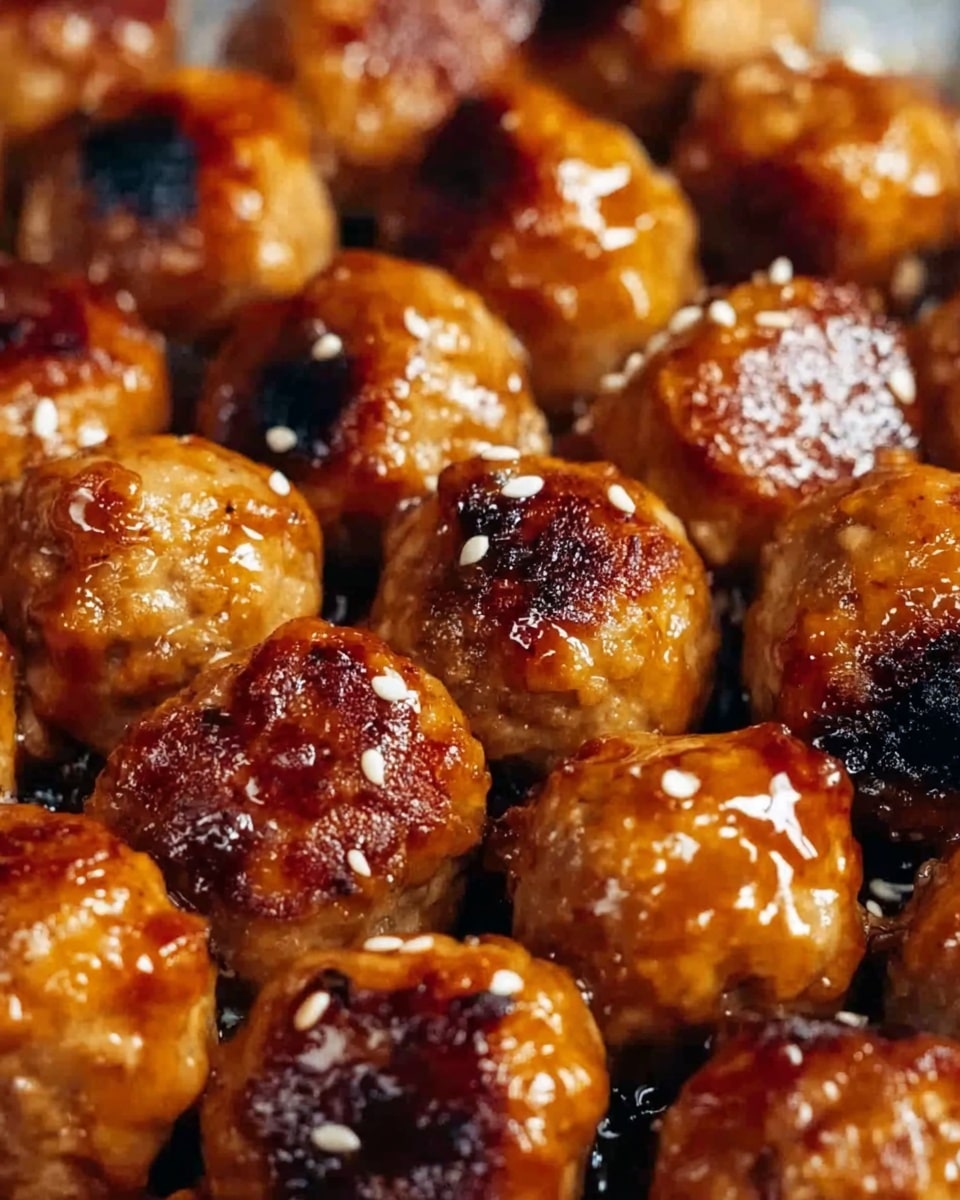A close-up view of several small, round meatballs tightly packed together. Each meatball is coated with a thick, shiny, dark brown glaze that has a slightly sticky texture with some darker charred spots. The meatballs show a rough, uneven surface with light and dark brown colors, indicating they are well-cooked and caramelized. The background features a soft, out-of-focus white marbled texture. photo taken with an iphone --ar 4:5 --v 7