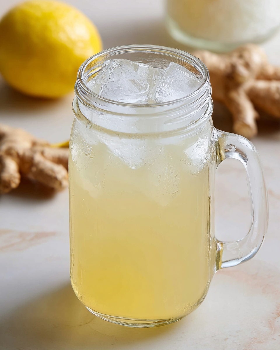 A clear glass mug filled with light yellow iced drink, topped with several large, transparent ice cubes that showcase the coolness of the beverage. The drink has a slightly cloudy texture near the top, suggesting freshness and chill. The mug has a sturdy handle on the left side, and it stands on a white marbled surface that reflects soft light. In the background, there is a blurred second glass with the same drink and ice, adding depth to the scene. photo taken with an iphone --ar 4:5 --v 7