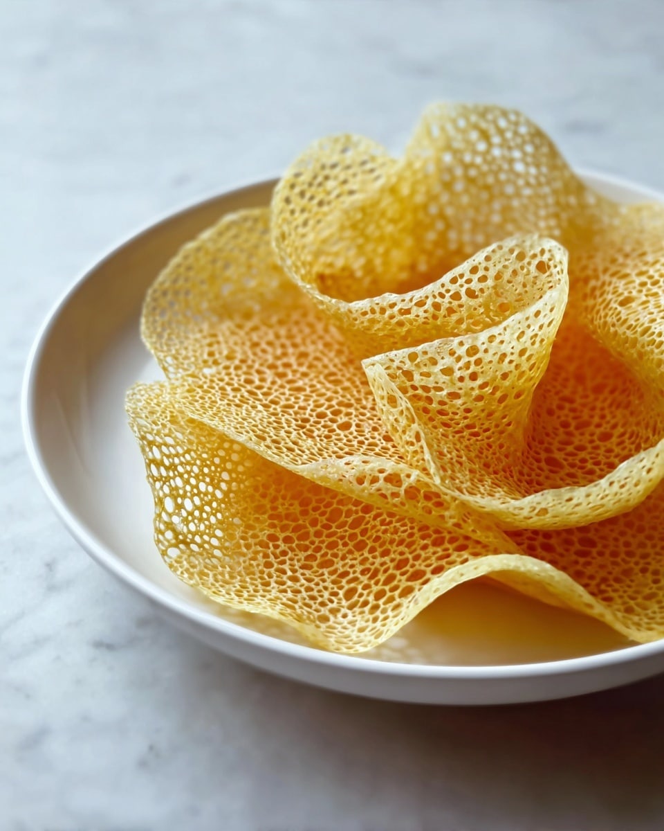 A white plate holds four thin, lacy crepes with a rich golden color. Each crepe is delicately curled and layered over one another, forming a loose flower shape. The crepes have a delicate texture with many tiny holes, giving them a light and airy look. The entire scene is set on a white marbled surface. Photo taken with an iphone --ar 4:5 --v 7