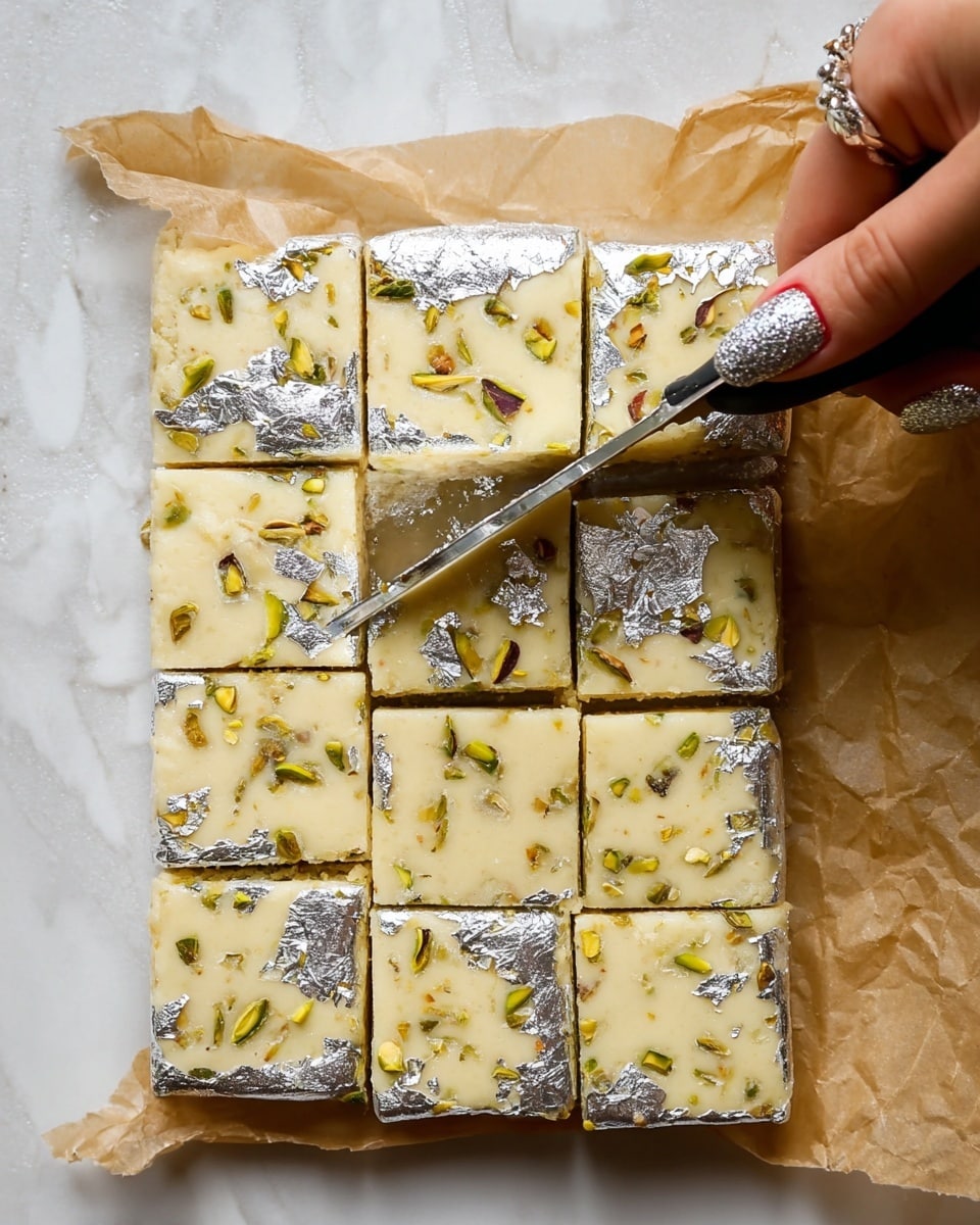 A close-up of a light cream-colored square sweet cut into nine smaller squares, topped with shiny silver edible foil scattered unevenly across its surface, and thin greenish pistachio pieces embedded throughout. The sweet rests on crumpled parchment paper with a white marbled texture in the background. A sharp knife cuts through the right side, held by a woman's hand with long, glittery silver nails that adds a touch of elegance to the scene. photo taken with an iphone --ar 4:5 --v 7