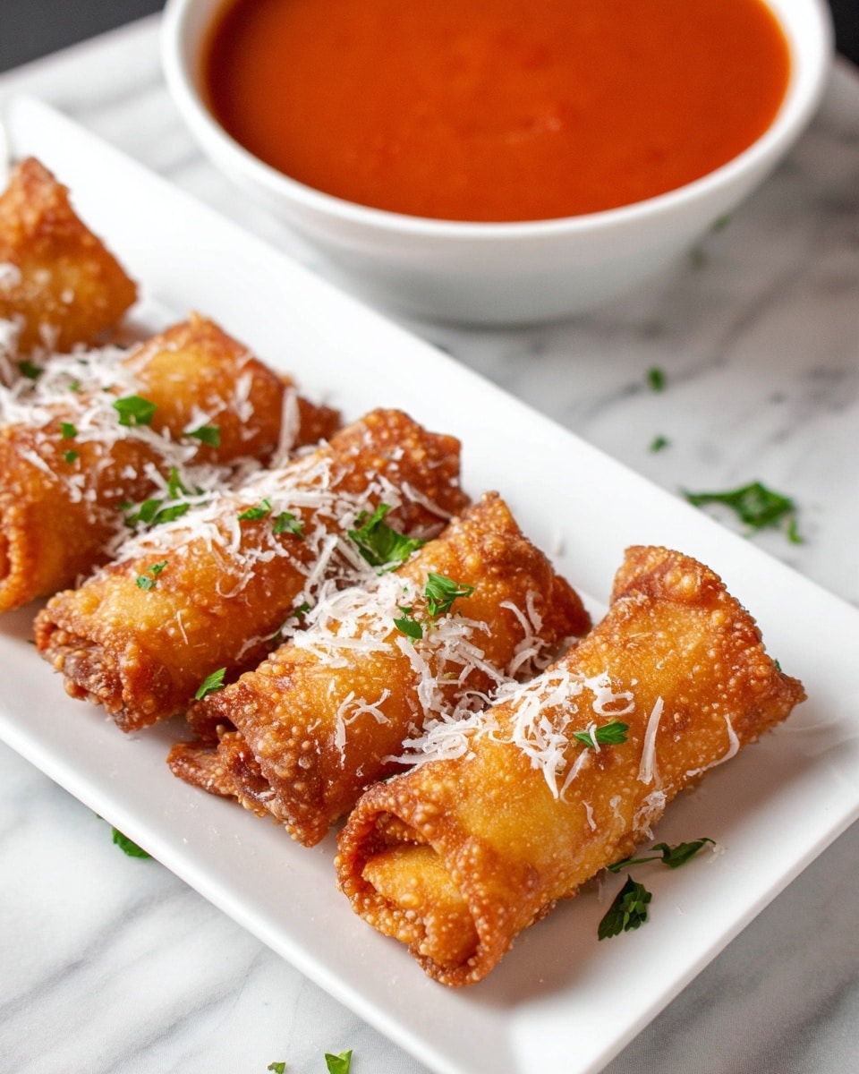The image shows five golden-brown fried rolls with a crispy texture, placed on a white rectangular plate in a single row. Each roll is sprinkled with finely grated white cheese and small pieces of green parsley on top. One roll is held above the plate by a woman's hand, showing its crispy, flaky surface. In the background, there is a white square bowl filled with smooth, bright red dipping sauce. The plate is set on a dark slate board that rests on a white marbled surface. photo taken with an iphone --ar 4:5 --v 7