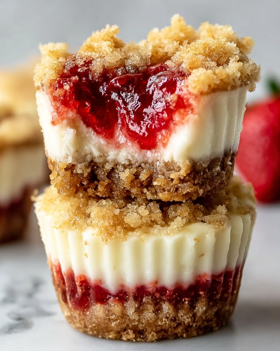 The image shows a close-up of a small layered dessert with four visible layers. The bottom layer is a crumbly brown crust, rough in texture. Above it is a smooth, creamy white layer filling most of the middle space. On top of this cream layer, there is a bright red, glossy jam or jelly layer, slightly translucent with visible fruit pieces. The dessert is topped with a crumbly light golden streusel layer that looks crunchy. The dessert is on a white plate placed on a white marbled textured surface. Photo taken with an iphone --ar 4:5 --v 7