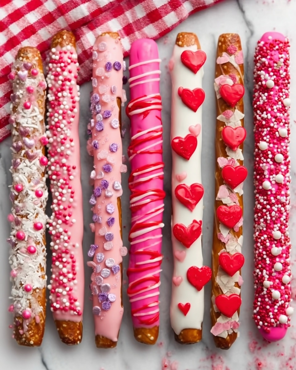 The image shows eight pretzel sticks lined up side by side on a white marbled surface with a red and white checkered cloth in the background. Each pretzel stick is dipped in pink or white chocolate and decorated with different toppings. The first stick has pink chocolate with small white and red sprinkles. The second has white chocolate with tiny purple and red shapes. The third is covered with pink chocolate and decorated with red drizzle and white dots. The fourth has white chocolate with a red drizzle and red heart shapes. The fifth is pink chocolate with large red hearts and small pink dots. The sixth is bright pink chocolate with white and pink drizzle. The seventh has white chocolate with red, white, and pink sprinkles. The eighth is pink chocolate with pink and red hearts and sprinkles. photo taken with an iphone --ar 4:5 --v 7