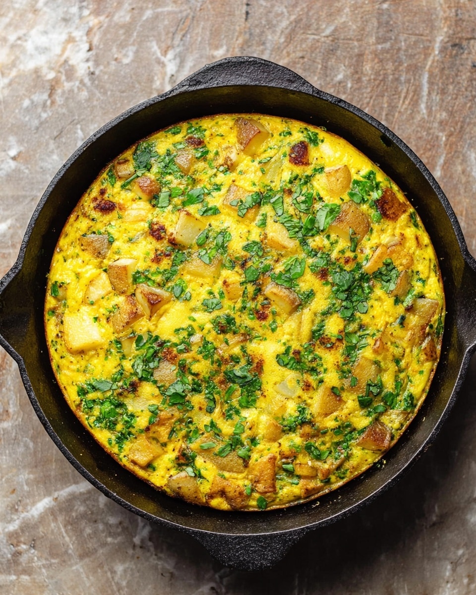 A round frittata cooked in a black cast iron skillet sits on a white marbled texture. The frittata has a golden-yellow base and is dotted with small chunks of browned potatoes and green herbs mixed throughout. The surface shows a slightly crispy texture with a fresh sprinkle of chopped green leafy herbs giving it a vibrant look. The skillet has handles on both sides, creating a rustic feel against the white marbled background. photo taken with an iphone --ar 4:5 --v 7