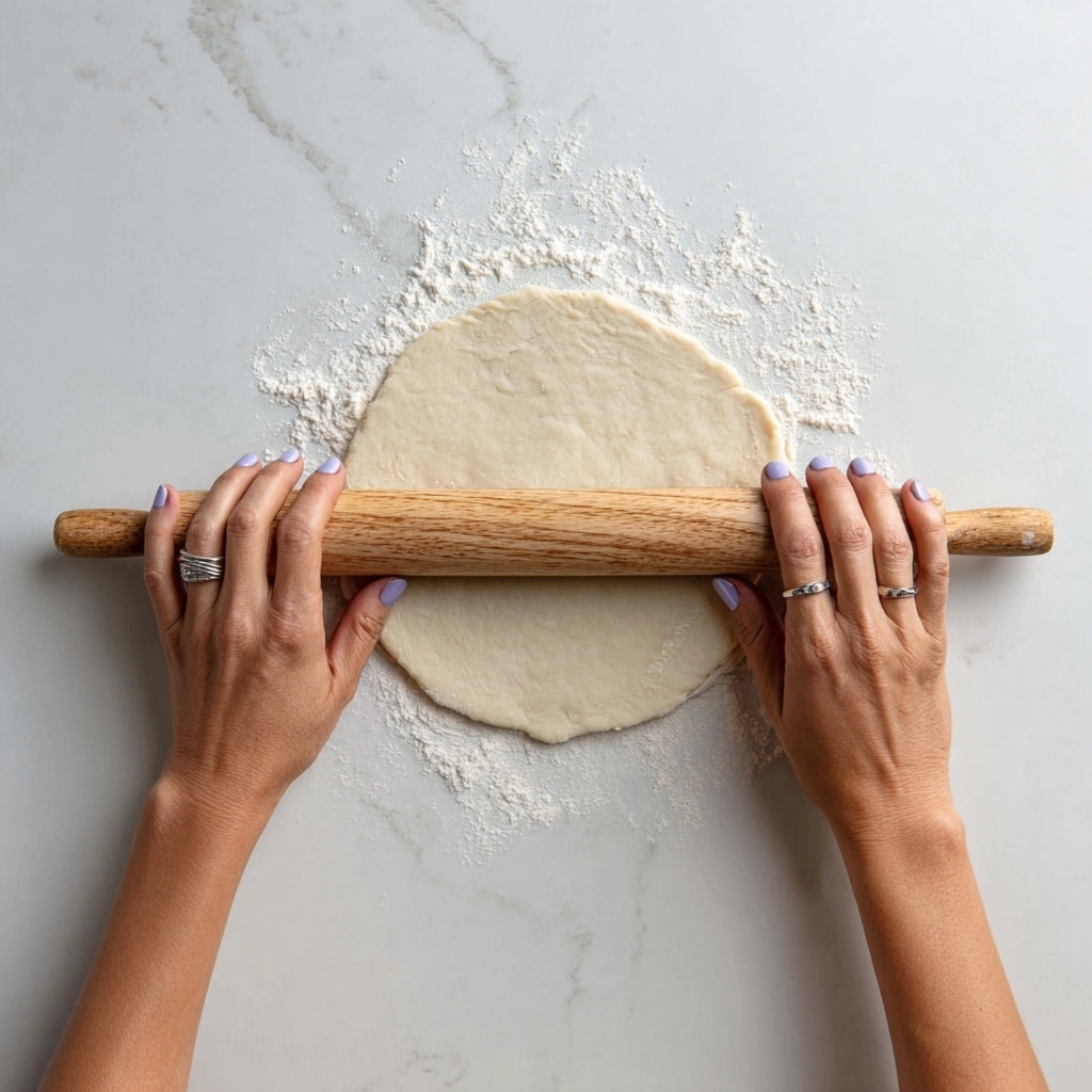 A pair of woman's hands with light purple nail polish and simple silver rings are rolling out a small, thin circle of light beige dough using a wooden rolling pin. The dough is smooth and round, placed on a white marbled textured surface lightly dusted with flour. The hands are positioned on either side of the rolling pin, gently pressing down as they roll the dough flat. photo taken with an iphone --ar 4:5 --v 7