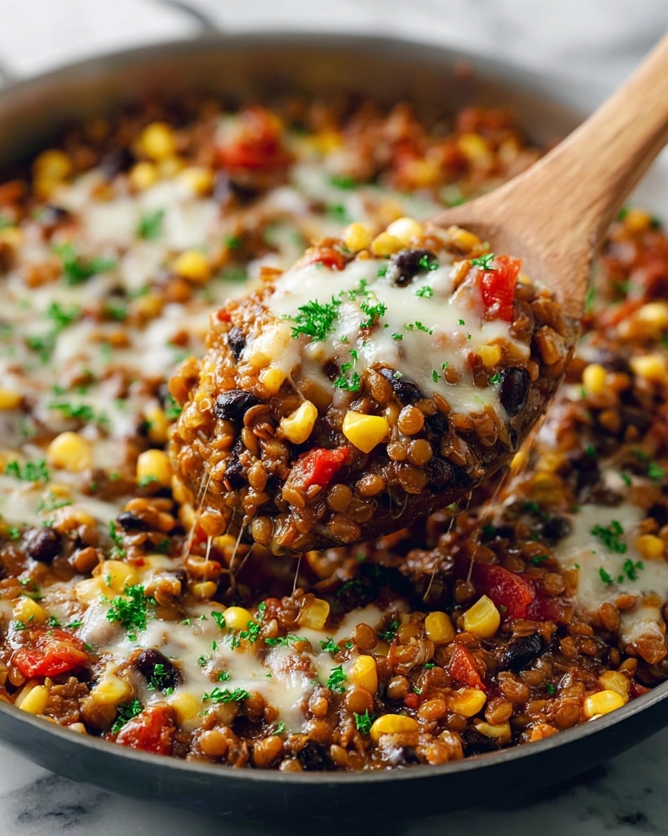 A large white pan filled with a thick, hearty mixture made of brown lentils, yellow corn kernels, black beans, and red tomato pieces, all coated in a rich, slightly glossy brown sauce. On top, there are scattered, melted white cheese patches with small bits of fresh green parsley sprinkled over the dish. A close-up wooden spoon is lifting a generous scoop from the pan, showing the stretchy white melted cheese and the dense texture of the lentils and vegetables. The background shows more of the lentil mixture in the pan with the same melted cheese and parsley scattered around. Photo taken with an iphone --ar 4:5 --v 7