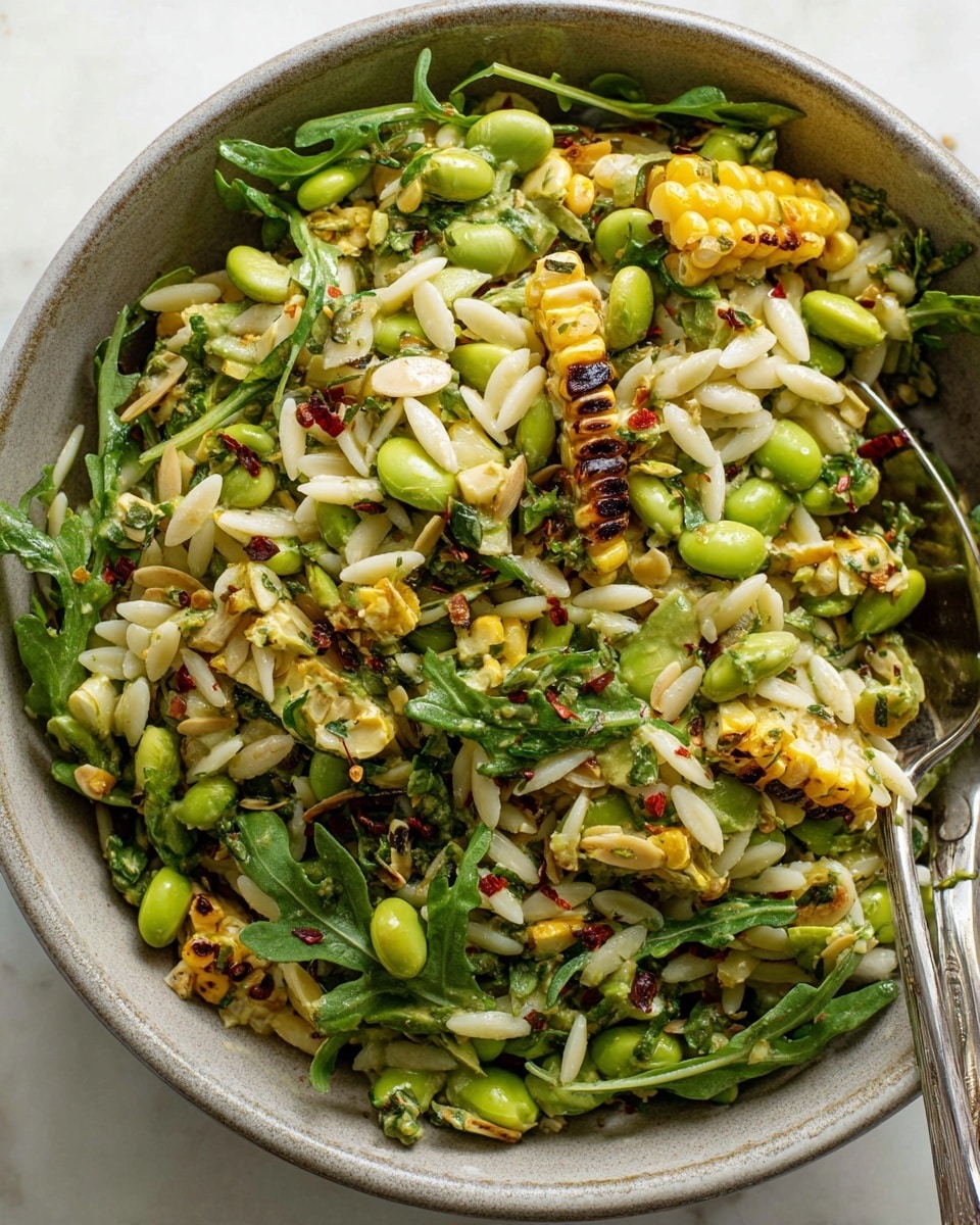 The image shows a close-up of a white bowl filled with a fresh salad. The salad has several layers including bright green arugula leaves, pieces of grilled yellow corn with some char marks, white corn kernels, and chopped green herbs. There are also light green slices of avocado and creamy white cheese chunks scattered throughout. The salad looks fresh and colorful with a mix of textures, from crisp greens to soft cheese. A woman's hand is holding the bowl from one side. The background is a white marbled texture. photo taken with an iphone --ar 4:5 --v 7