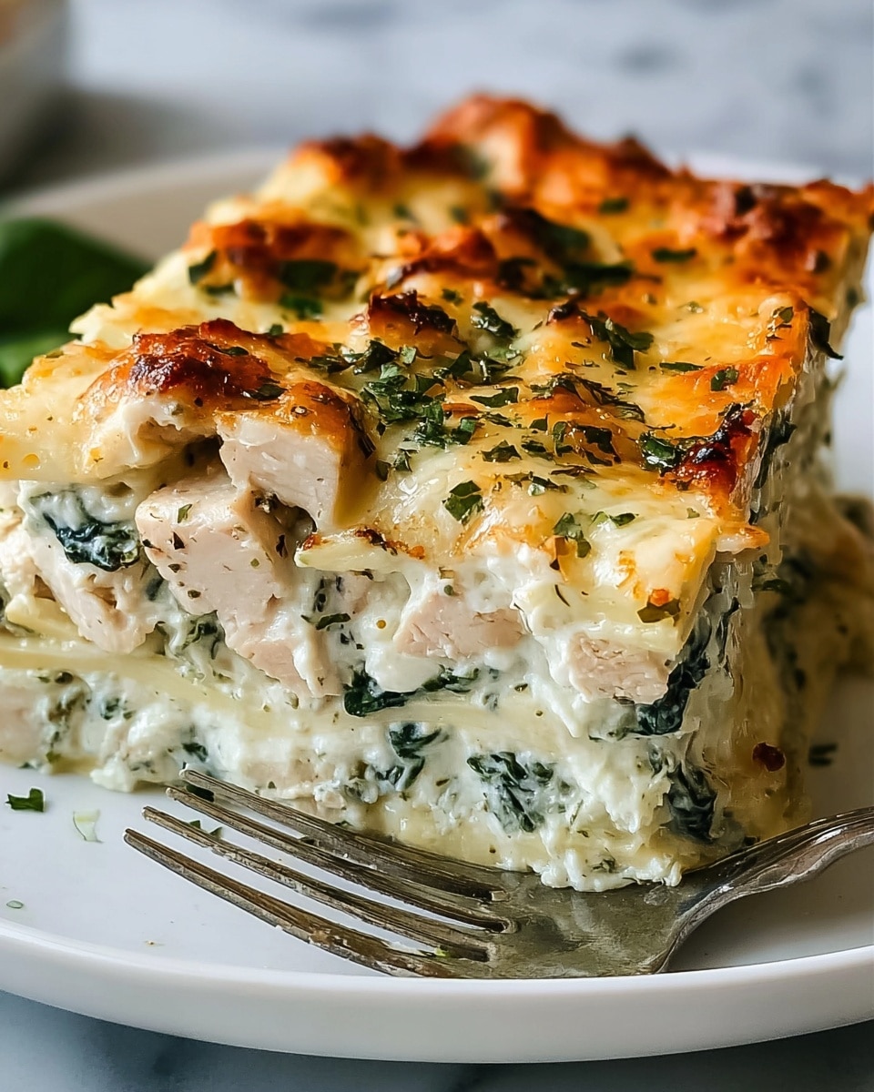 This image shows a close-up of a slice of creamy white lasagna with three visible layers: the bottom layer is a light creamy cheese base mixed with spinach leaves, the middle layer has tender white pieces of chicken and more cheese, and the top layer is golden brown melted cheese with green herbs sprinkled over it. The edges of the lasagna are slightly browned and crispy, and the texture looks soft and rich. The slice is on a white plate with a fork partially under it, resting on a white marbled surface. Photo taken with an iphone --ar 4:5 --v 7