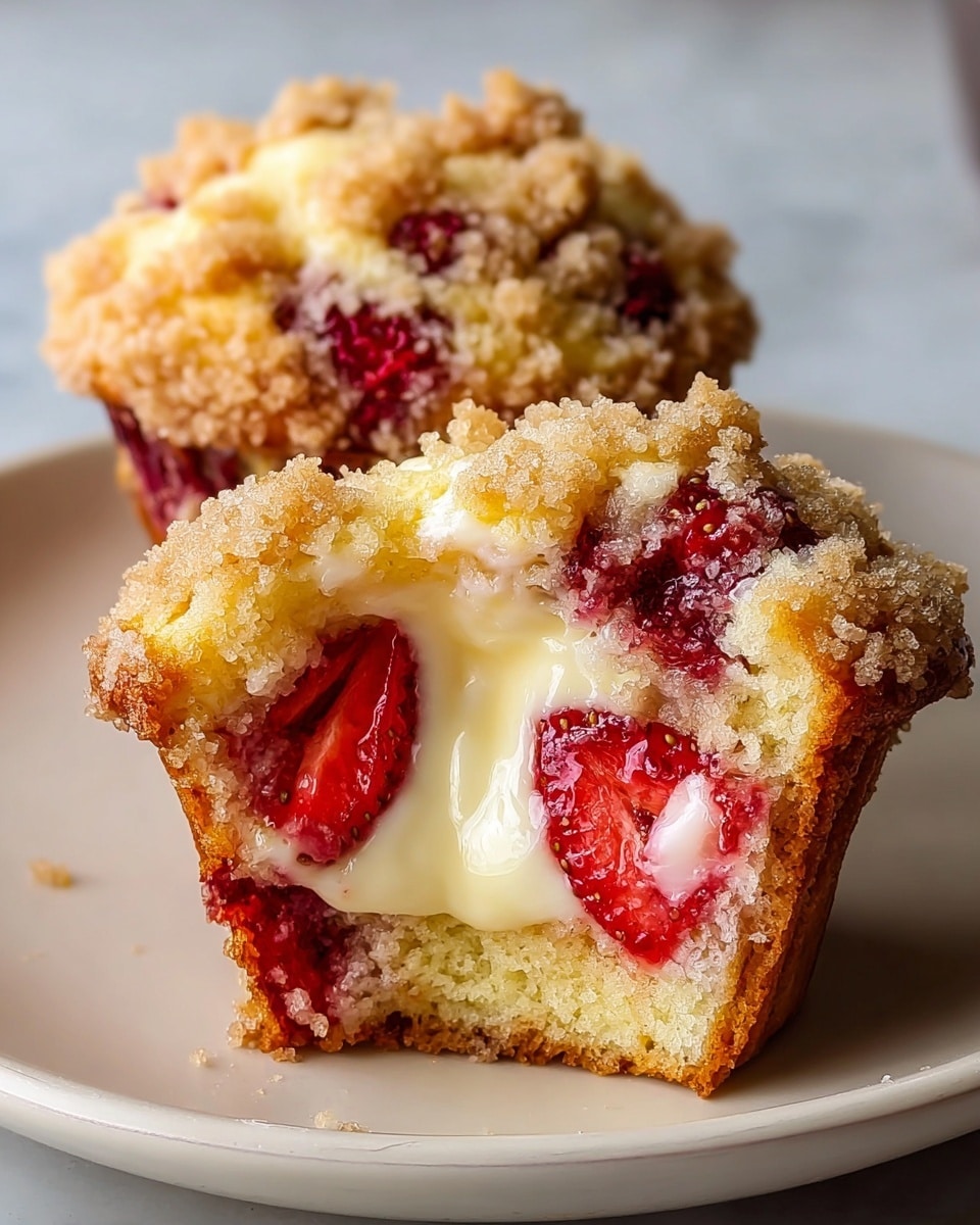 Two strawberry crumb muffins sit on a white plate with a white marbled texture surface. The muffin in front is cut open, showing layers: the outer golden-brown crumbly top layer studded with coarse sugar crystals, below that bright red strawberry pieces with a shiny texture, and a creamy white filling at the center oozing slightly. The muffin base shows a soft, light golden cake with a slightly rough texture. The second whole muffin in the background has the same crumb topping and visible strawberry pieces. Photo taken with an iphone --ar 4:5 --v 7