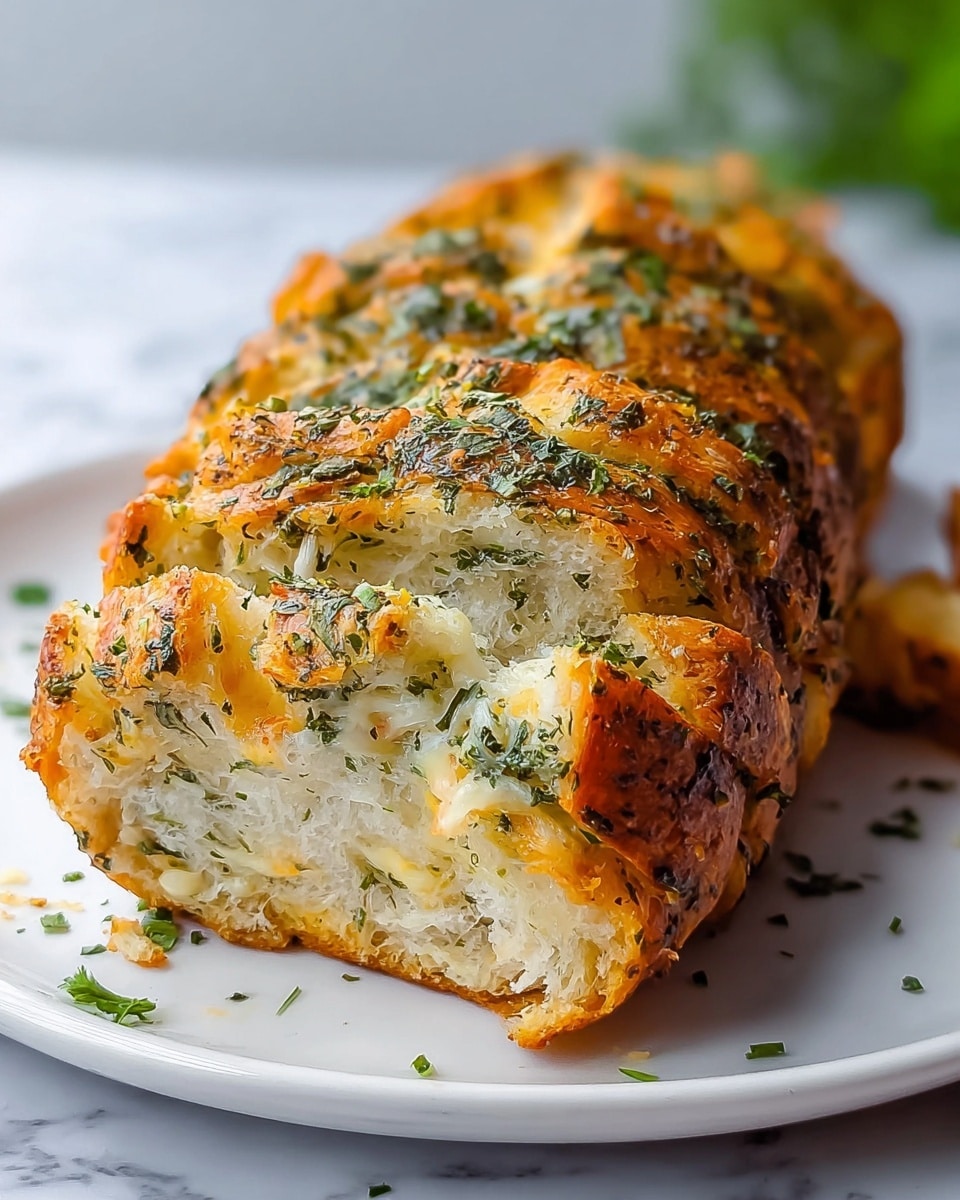 A loaf of pull-apart bread sits on a white plate, placed on a white marbled surface. The bread has about five visible layers, each separated by melted cheese and herbs. The outer crust is golden brown with a slightly crispy texture, topped with finely chopped green herbs spread evenly. The inner bread is soft and fluffy, with bits of melted cheese and herbs in between the layers, giving it a moist and flavorful look. Small pieces of herbs are scattered on the plate around the bread. Photo taken with an iphone --ar 4:5 --v 7