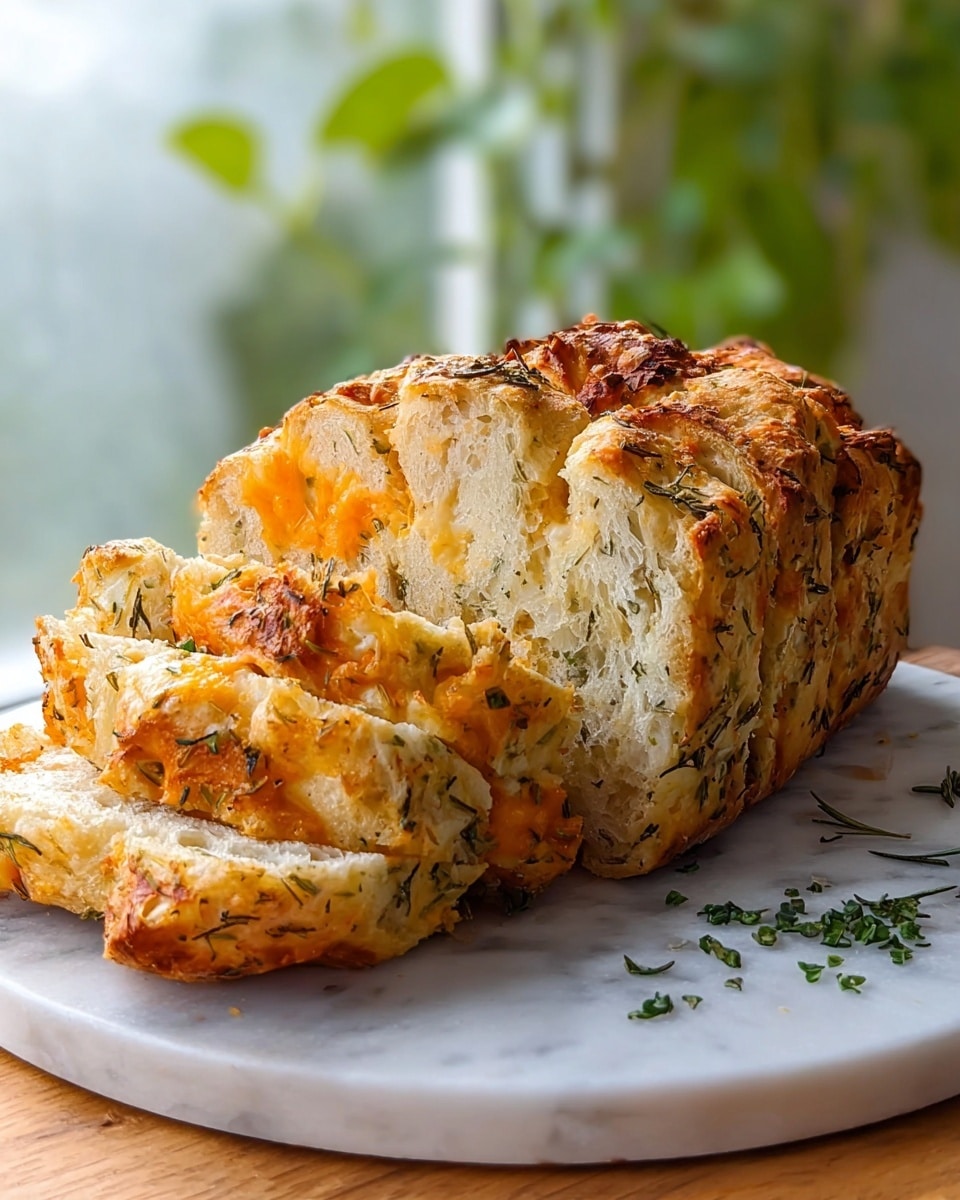 The image shows a loaf of bread sliced into several thick pieces placed on a round white plate on a white marbled surface. The bread has a golden brown crunchy crust with visible herbs like rosemary and thyme baked on top. Inside, it is soft and fluffy with a layer of melted cheese that is orange and creamy white, oozing slightly between the slices. The bread texture looks airy and moist, with some herbs mixed inside. Small chopped green herbs are sprinkled around the plate for garnish. In the background, there are blurred green plants and a soft natural light coming from a window. photo taken with an iphone --ar 4:5 --v 7