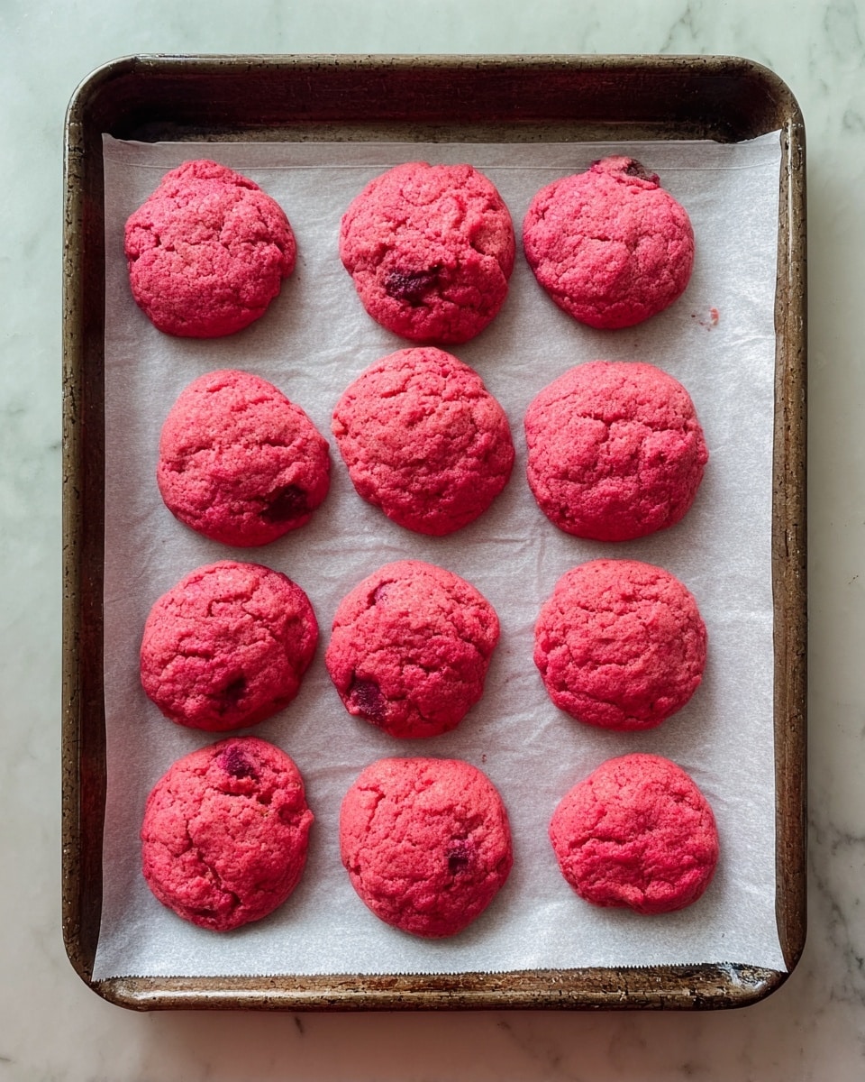 The image shows a baking tray lined with parchment paper on a white marbled surface, holding nine bright pink cookies arranged loosely in rows. Each cookie has a rough, soft texture with visible pieces of darker red fruit or candy embedded throughout, giving a slightly bumpy look to their round, irregular shapes. The cookies are evenly spaced, with their vibrant pink and red tones standing out against the pale parchment and the metallic tray beneath. Photo taken with an iphone --ar 4:5 --v 7